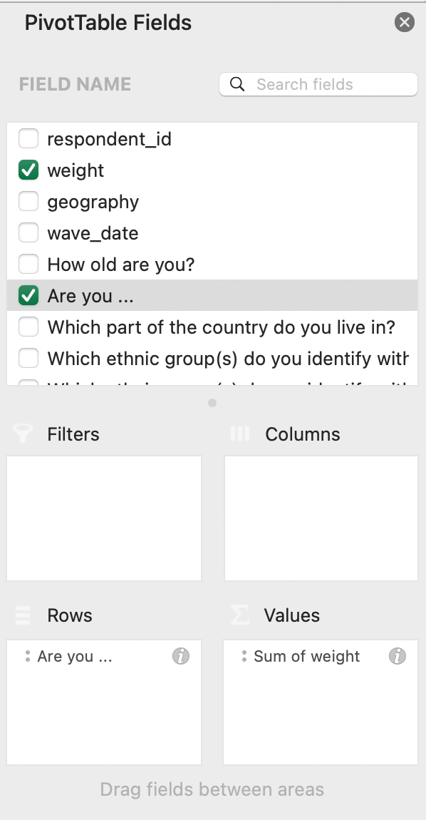 A screenshot of a pivot table fields page in Excel, displaying the process of selecting fields for a custom analysis of survey response data in the Tracksuit App.