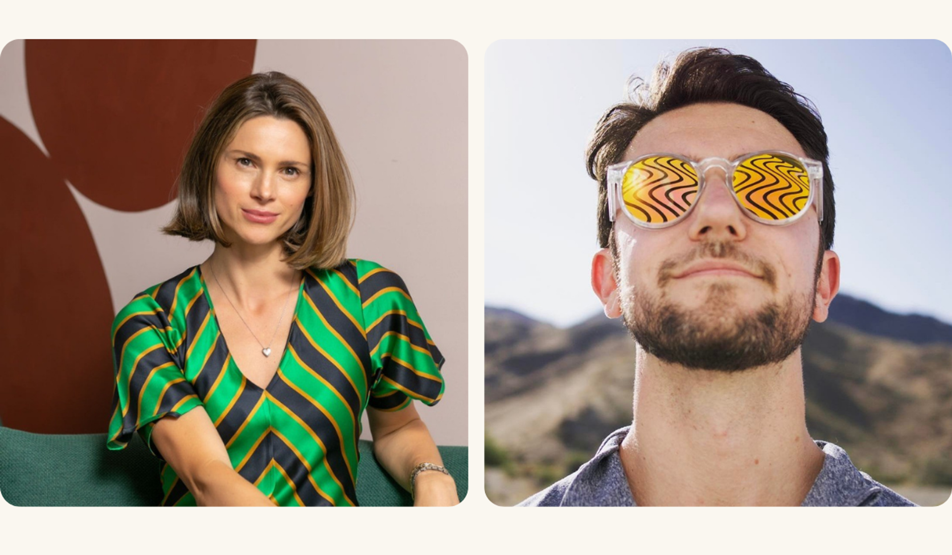 Bree Johnson in a green striped dress and Lenny Rachitsky wearing sunglasses, both investors in Tracksuit's recent funding round