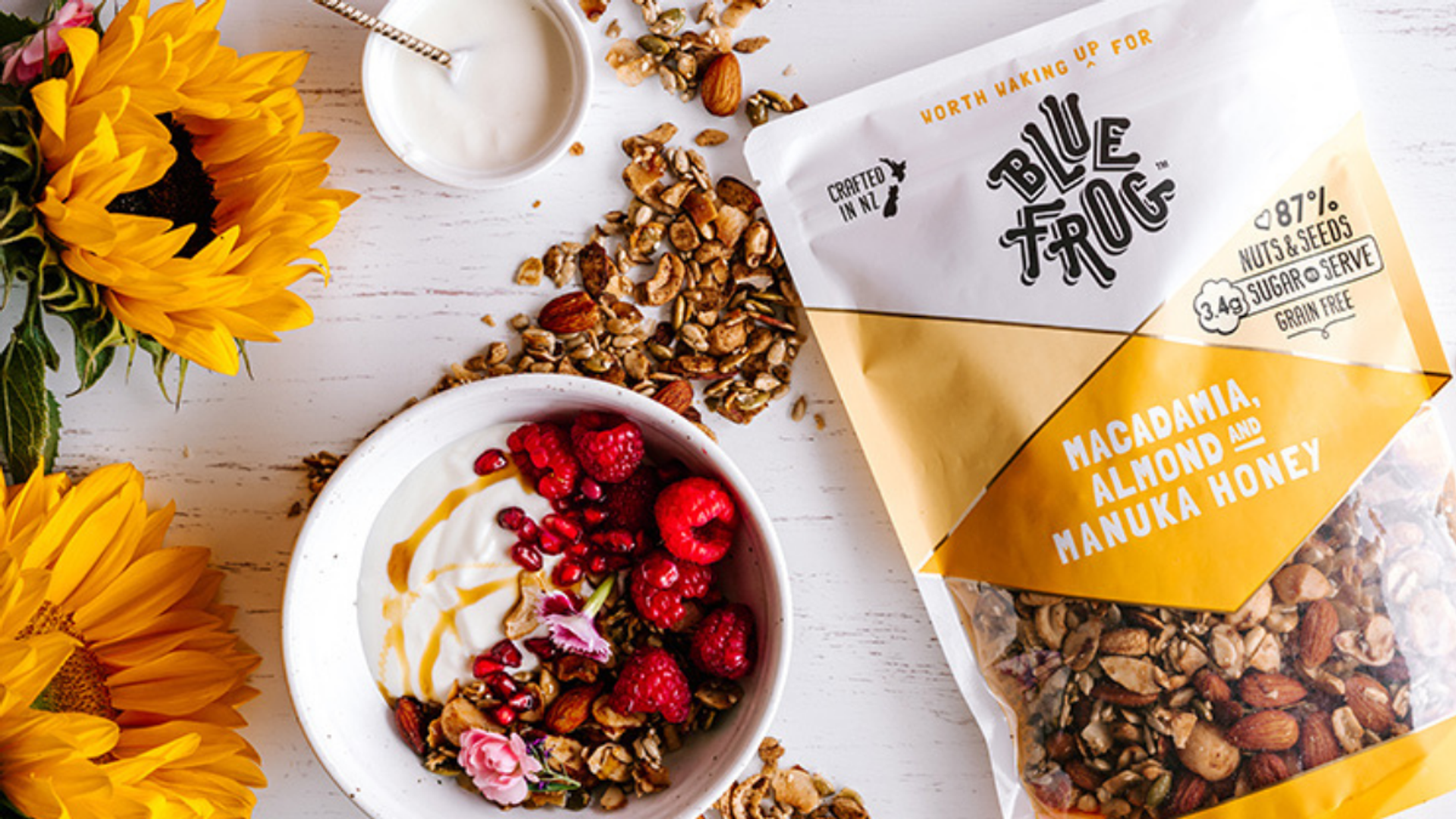 A bag of Blue Frog macadamia almond and manuka honey granola.