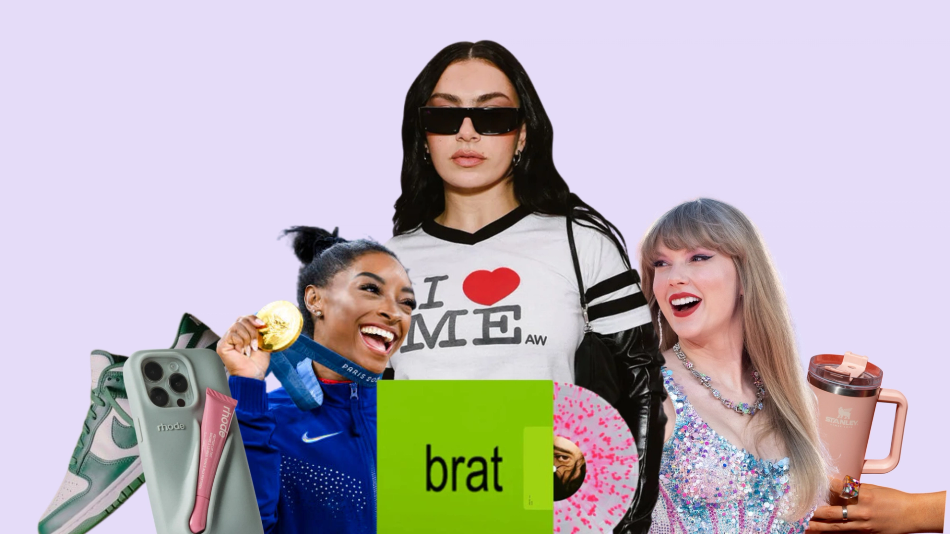 A woman wearing a shirt that says 'I love me' in a collage of brand moments from 2024