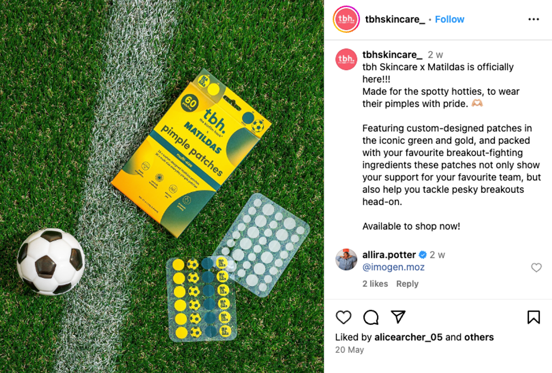 A box of Matilda's limited edition pimple patches from tbh Skincare, placed next to a soccer ball, symbolizing their collaboration with the Australian national women's football team, the Matildas.