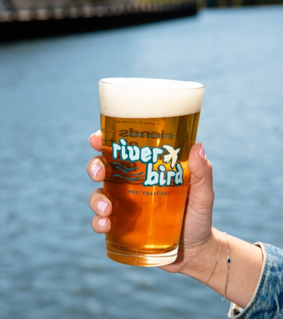 A hand holding a pint of Goose Island River Bird West Coast IPA in front of a river