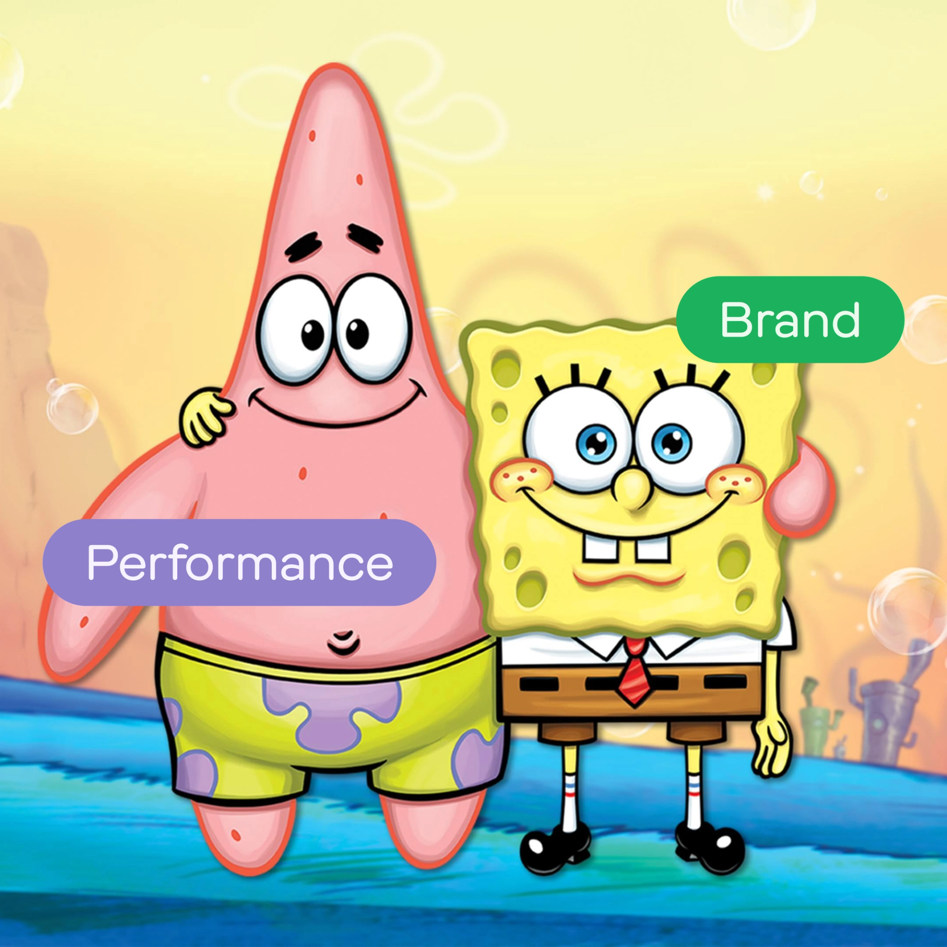 Spongebob and Patrick from the animated series, symbolizing performance and brand marketing respectively, standing together, illustrating the concept of brand and performance marketing working together for better business outcomes as discussed in the article.