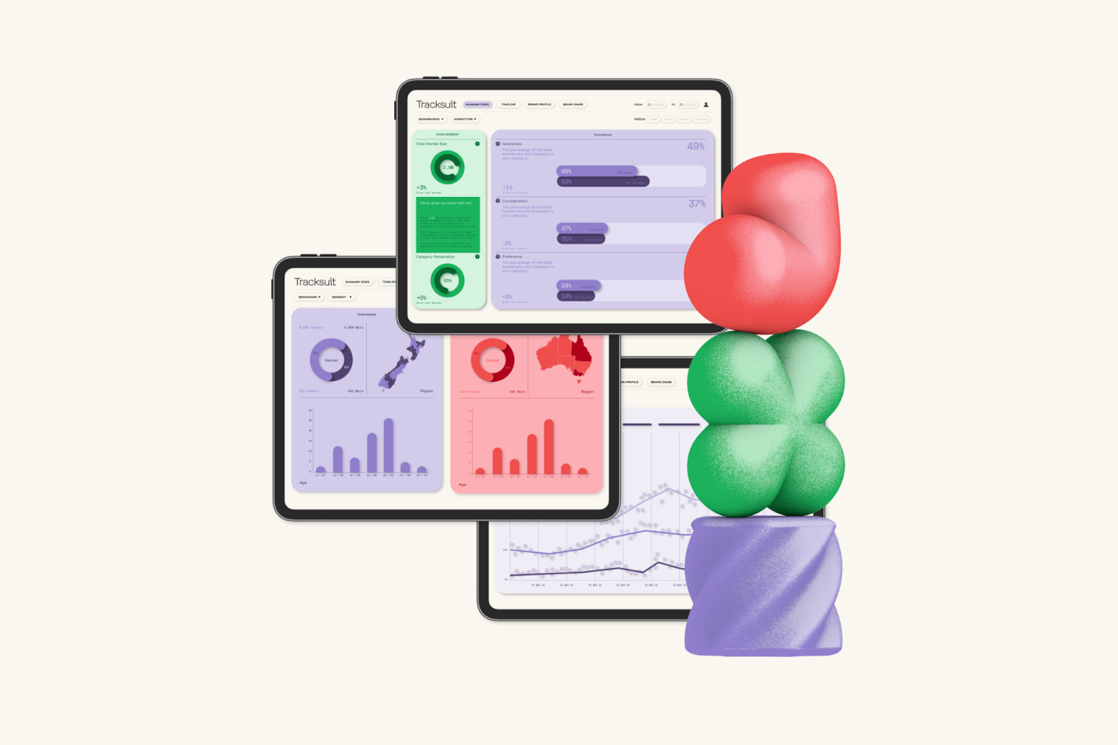 A stack of tablets displaying various graphs and charts related to brand tracking and market research data.