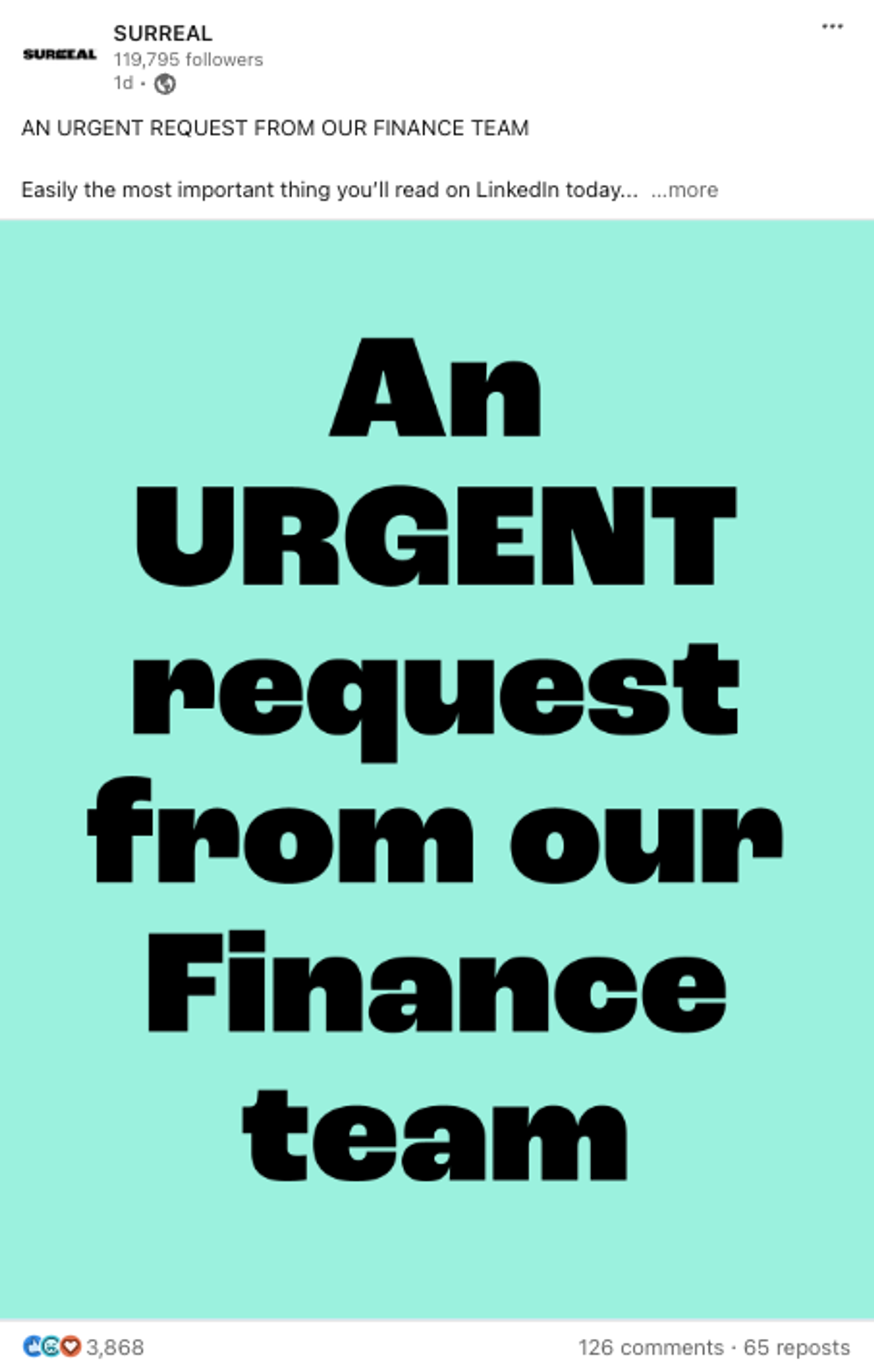 A promotional poster by Surreal cereal brand on LinkedIn, humorously requesting their finance team to increase the marketing budget, reflecting the brand's bold and cheeky marketing approach.