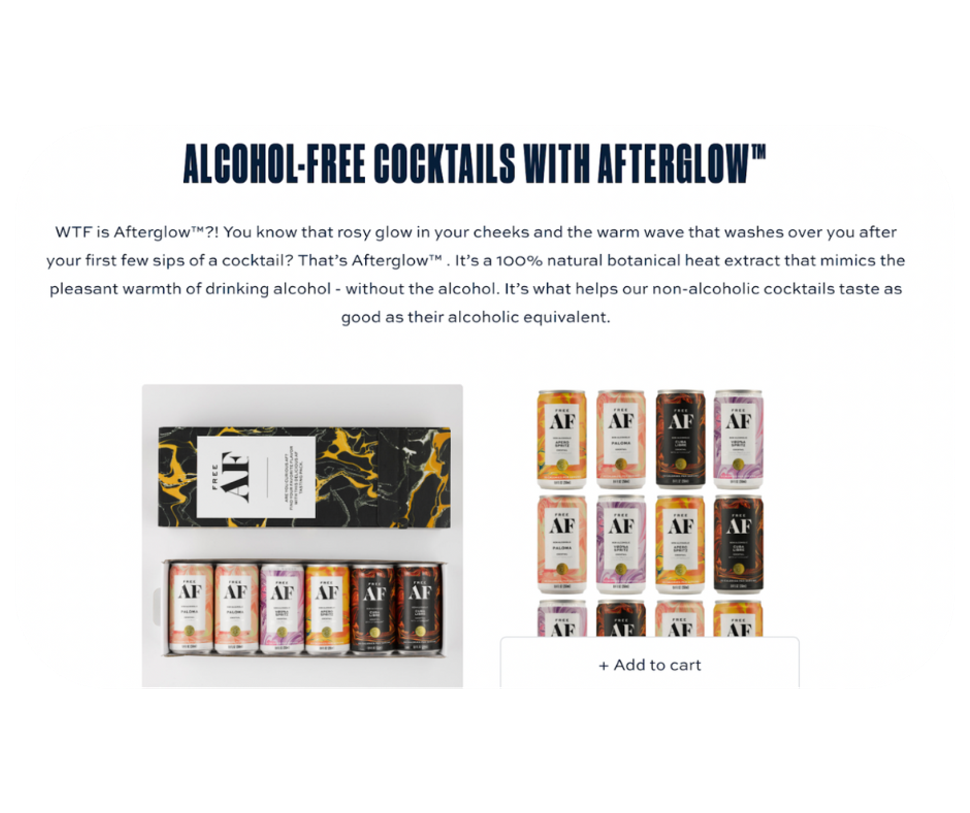 An advertisement for AF Drinks showcasing their alcohol-free cocktails with Afterglow, a key ingredient that imitates the warm feelings of alcohol without the booze.