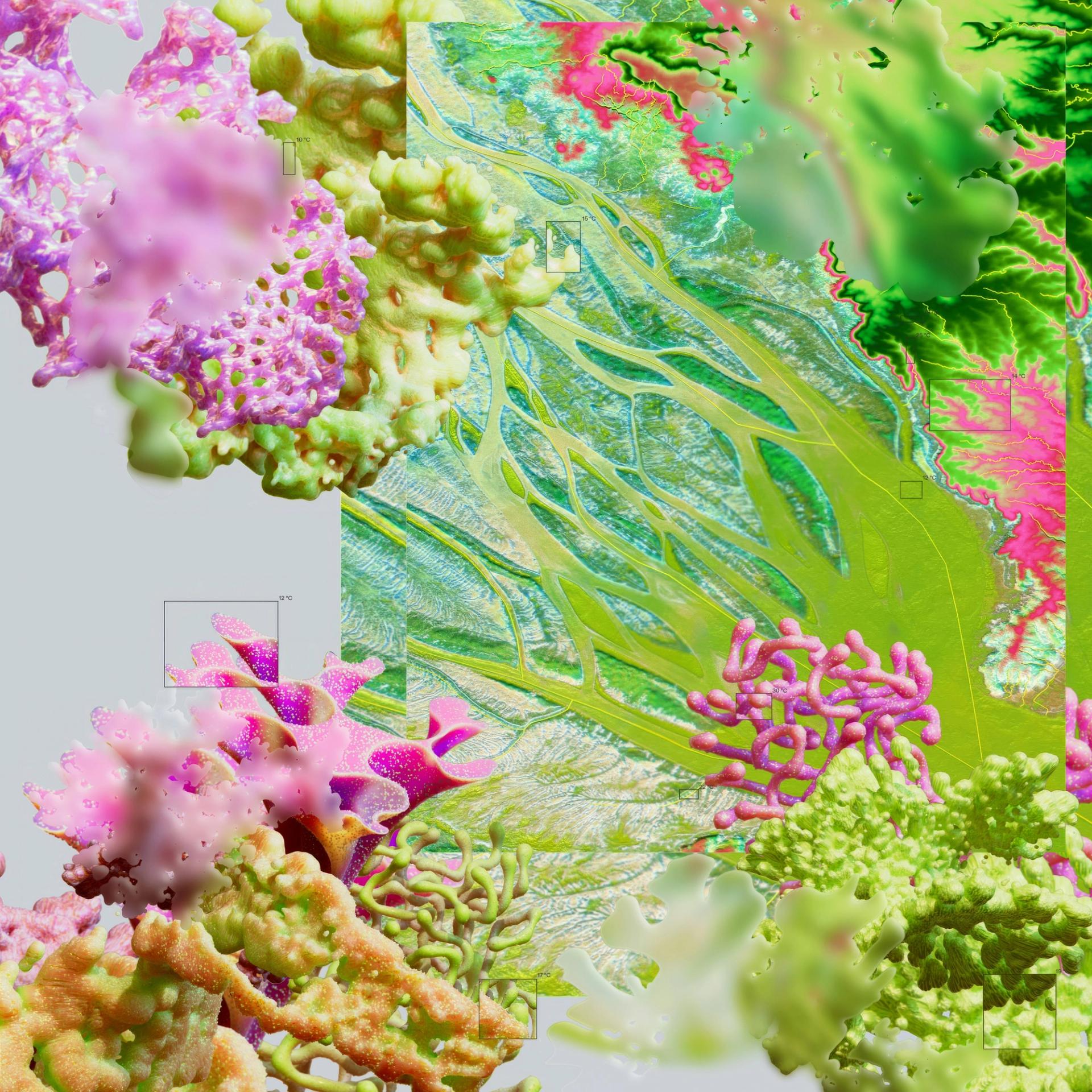 A close up of a colorful painting of a coral reef .
