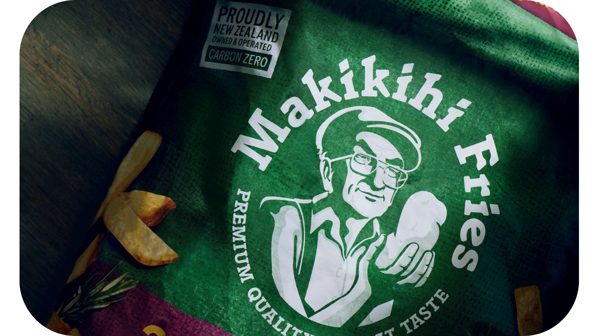 A bag of Makikihi Fries, a popular New Zealand brand, placed on a table