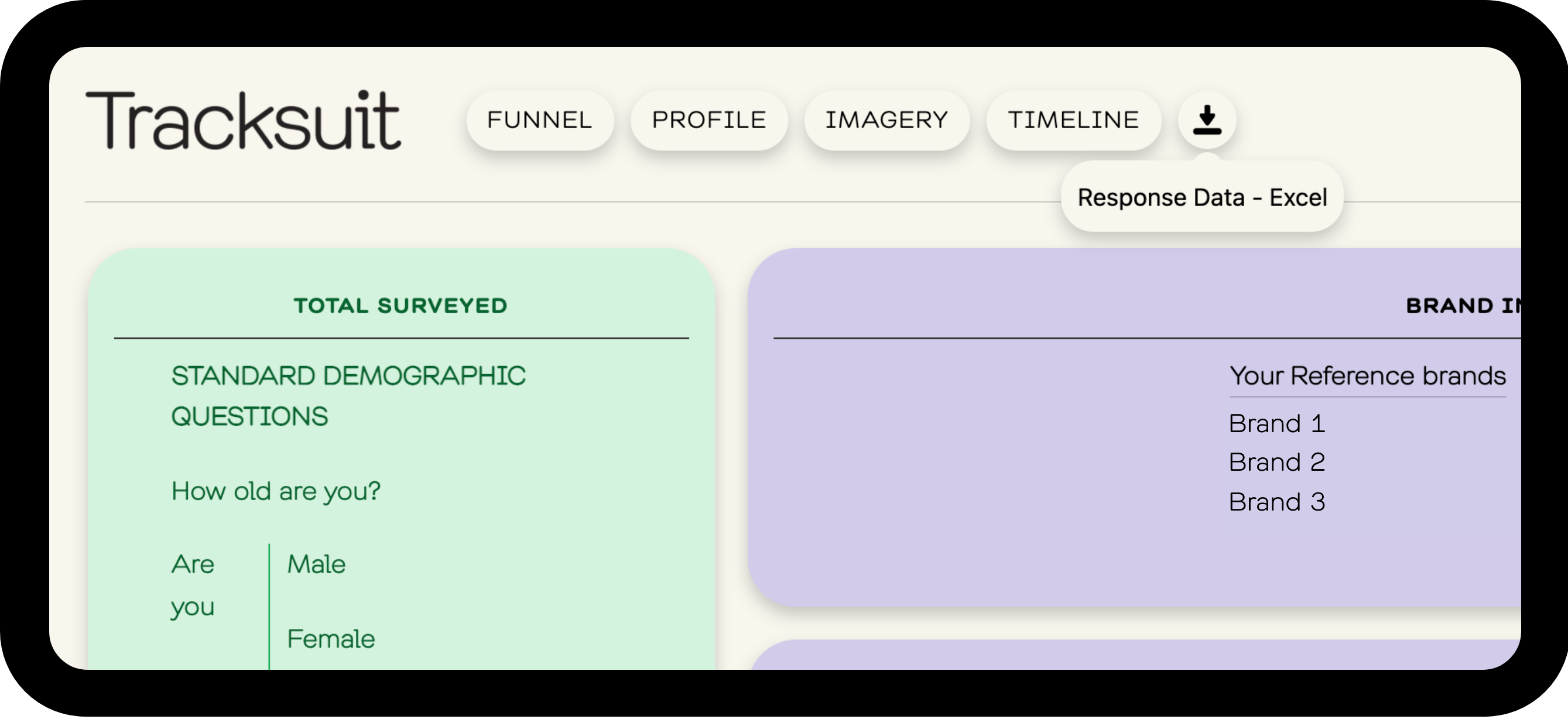 Screenshot of the Tracksuit website showcasing the Response Data Export feature for brand and category monitoring