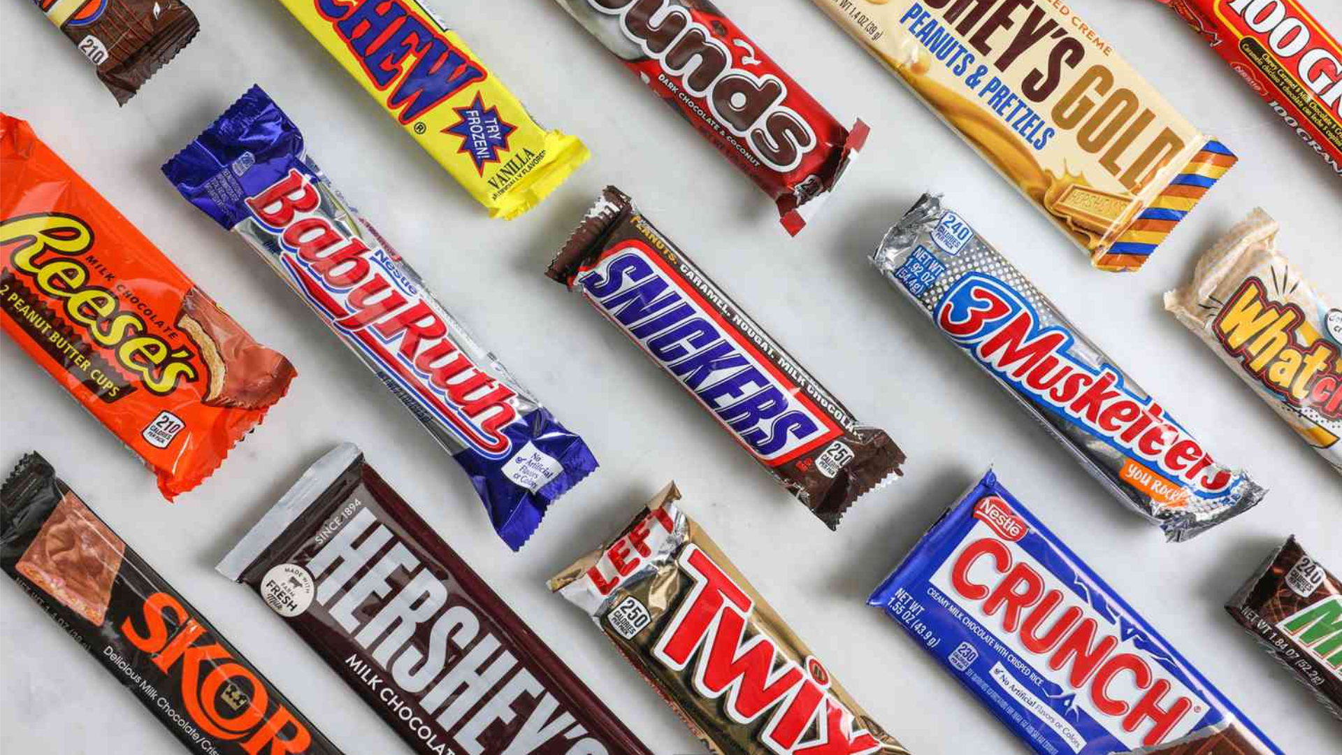 A variety of popular candy bars including Snickers and Twix, symbolizing different brands in the context of a discussion on aided and unaided brand awareness.