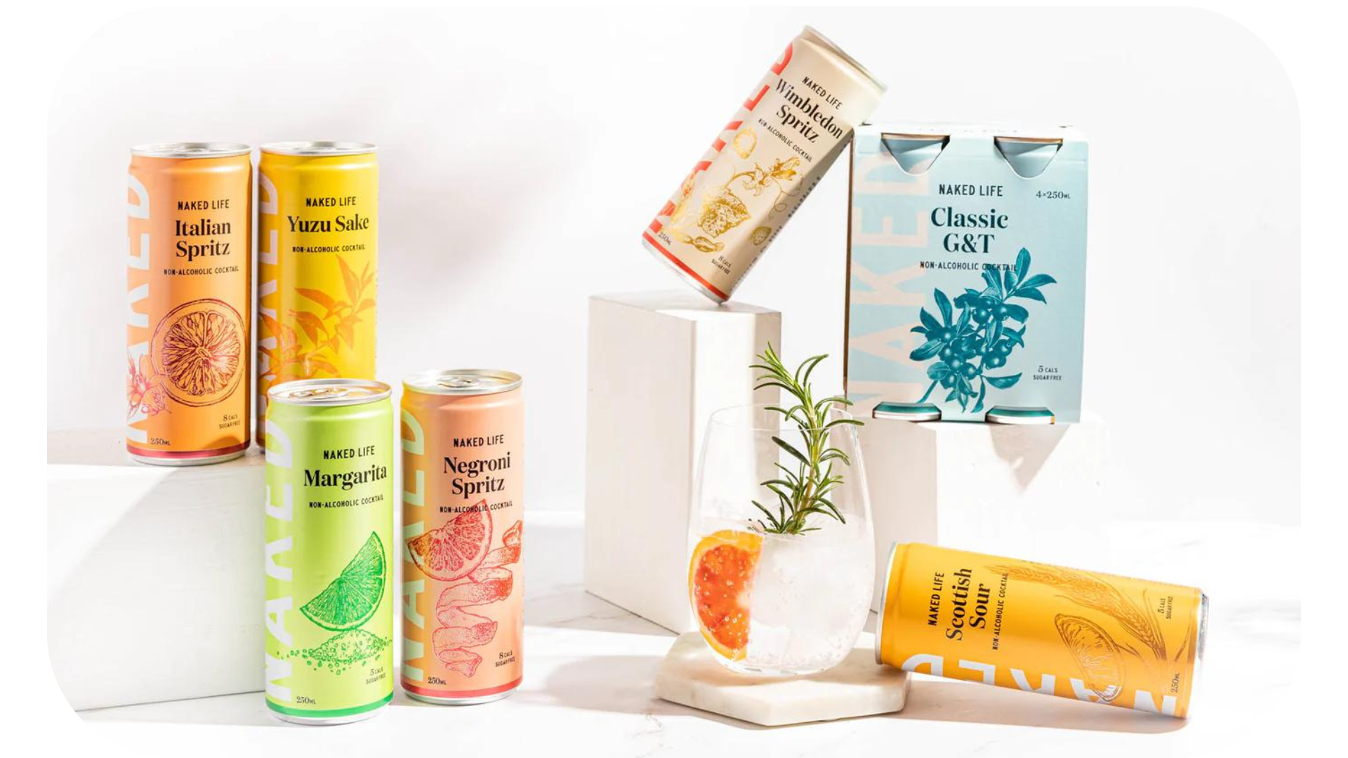 Product shot of Naked Life's non-alcoholic beverages, Australia's leading non-alcoholic drinks brand