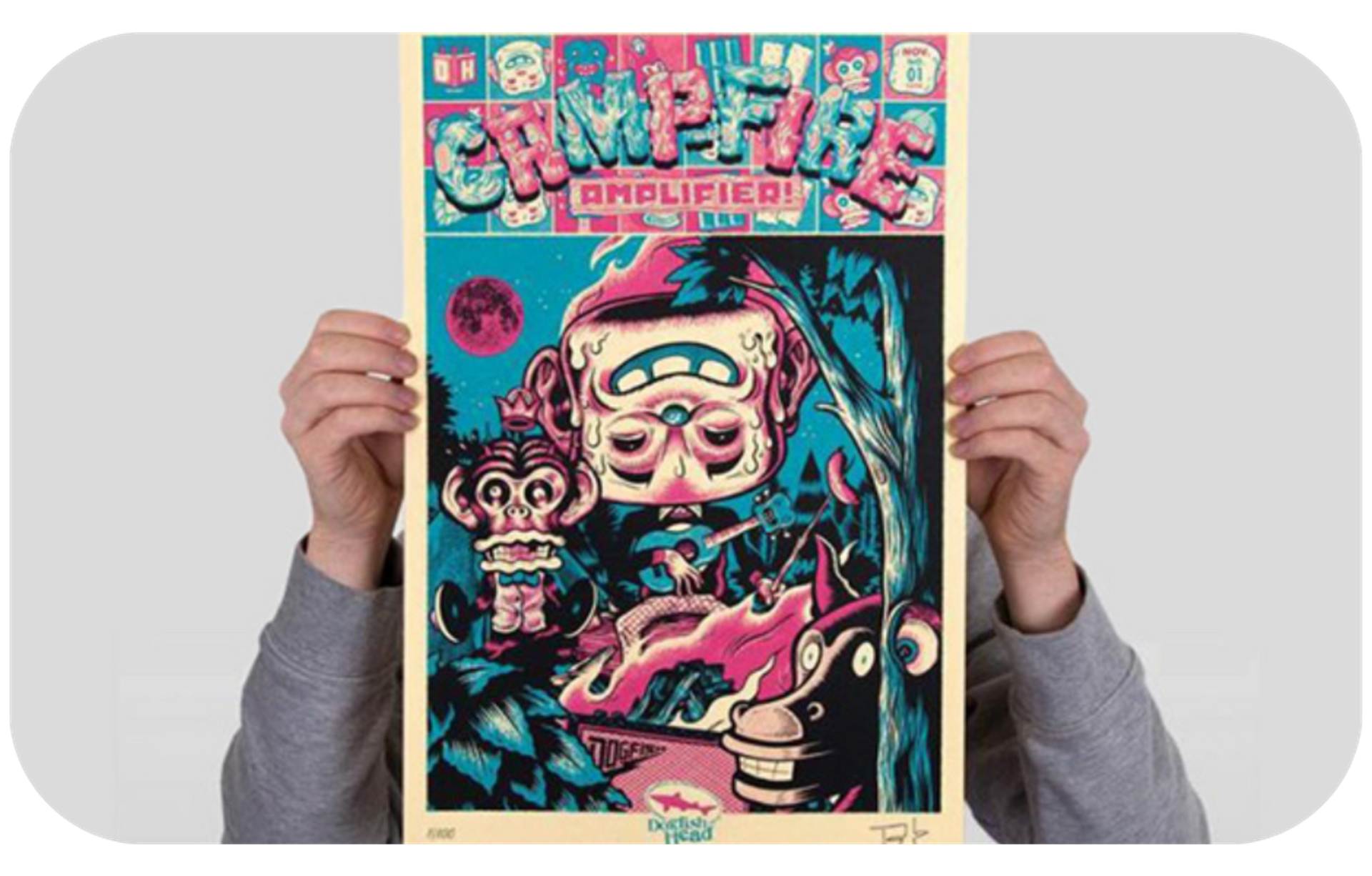 A person holding a poster promoting Dogfish Head's Campfire Amplifier beer campaign