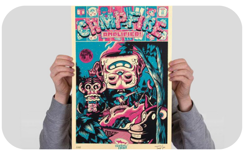 A person holding a poster promoting Dogfish Head's Campfire Amplifier beer campaign