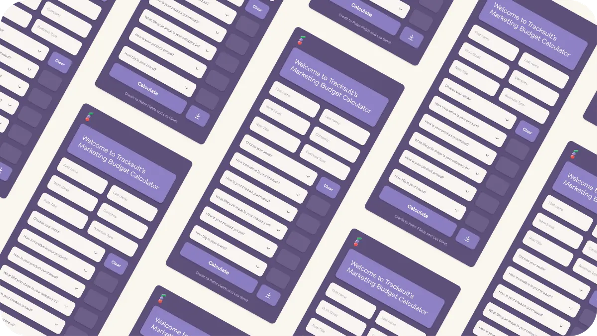 Multiple purple screens displaying the text 'Welcome to Tranquility Marketing Budget Calculator', indicating a digital tool for calculating marketing budgets.