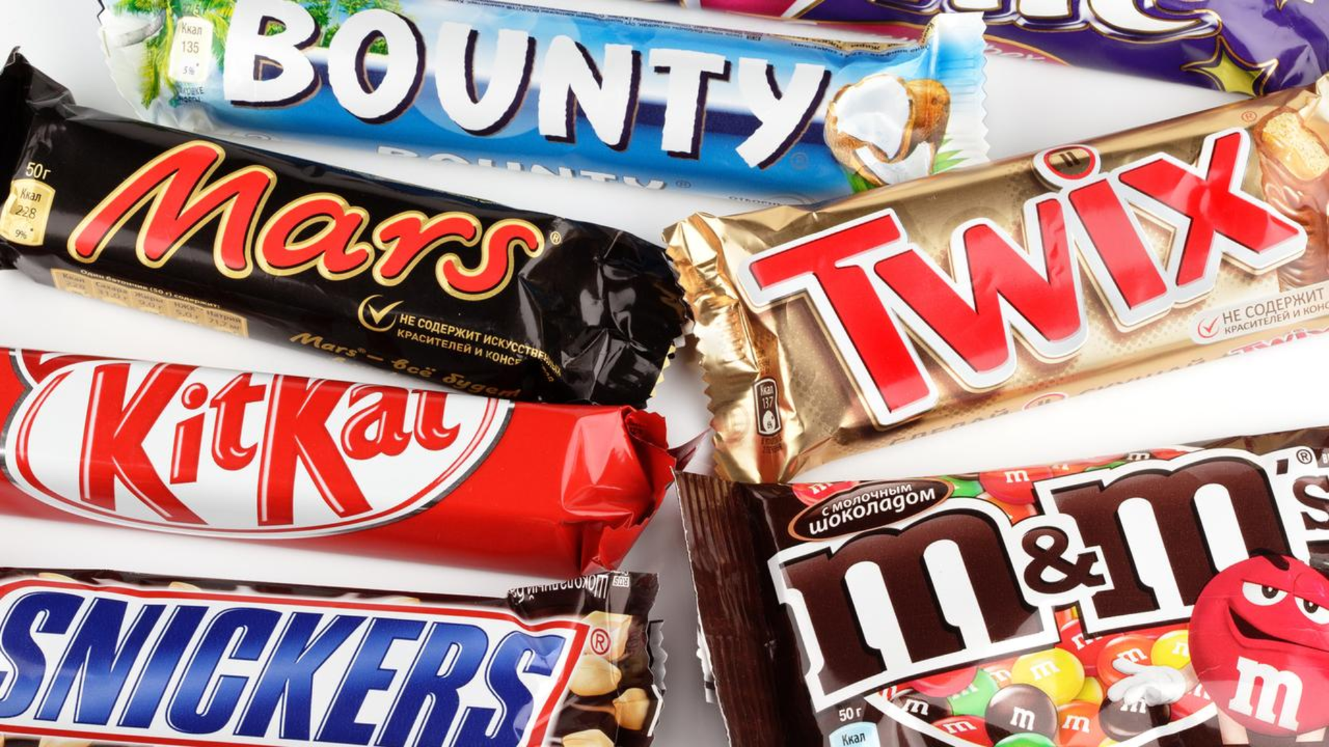 A variety of popular candy bars including Mars, KitKat, and M&M's, illustrating the concept of brand awareness and recognition in the confectionery industry.
