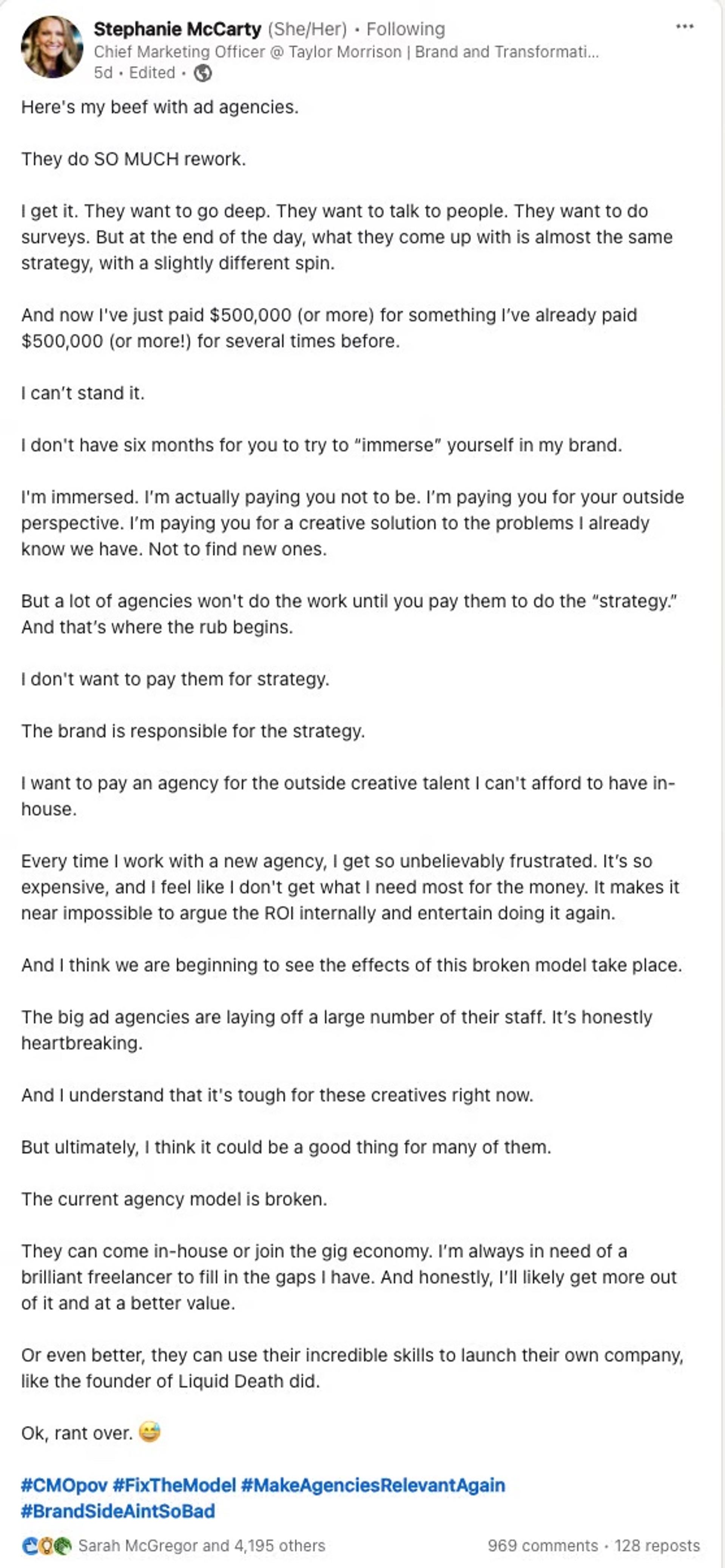 Stephanie McCarthy, CMO of Taylor Morrison, expressing her dissatisfaction with ad agencies on a LinkedIn post
