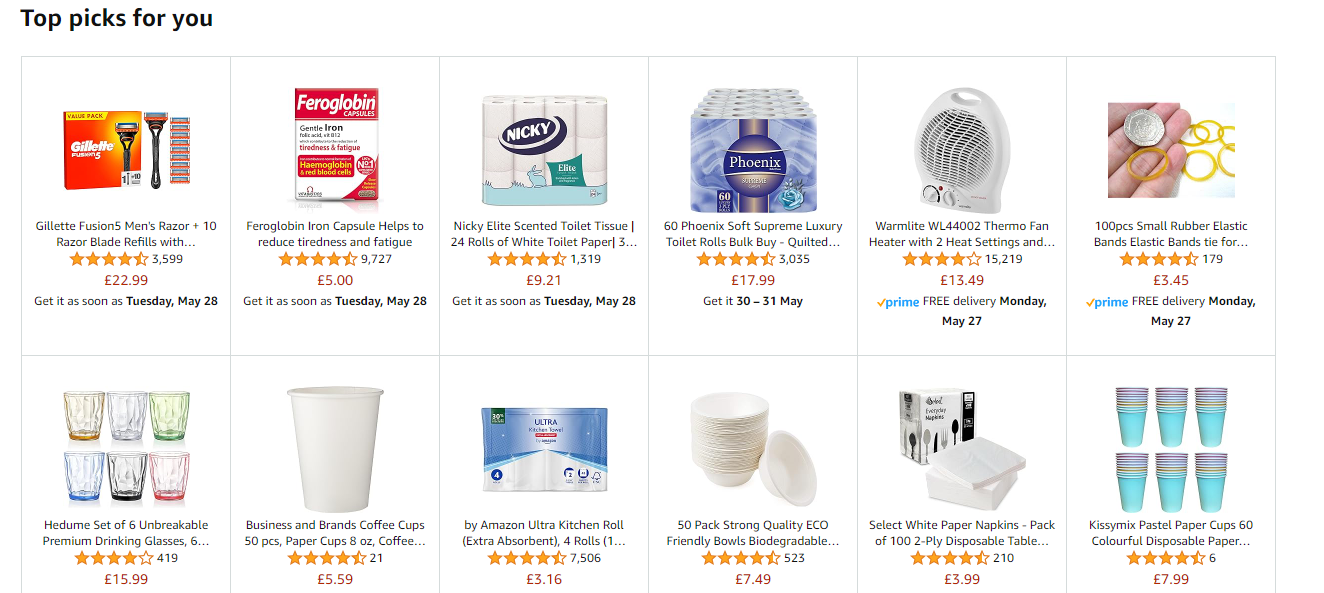 A selection of recommended products displayed in a row on a webpage, indicating personalized shopping suggestions based on user data and preferences.