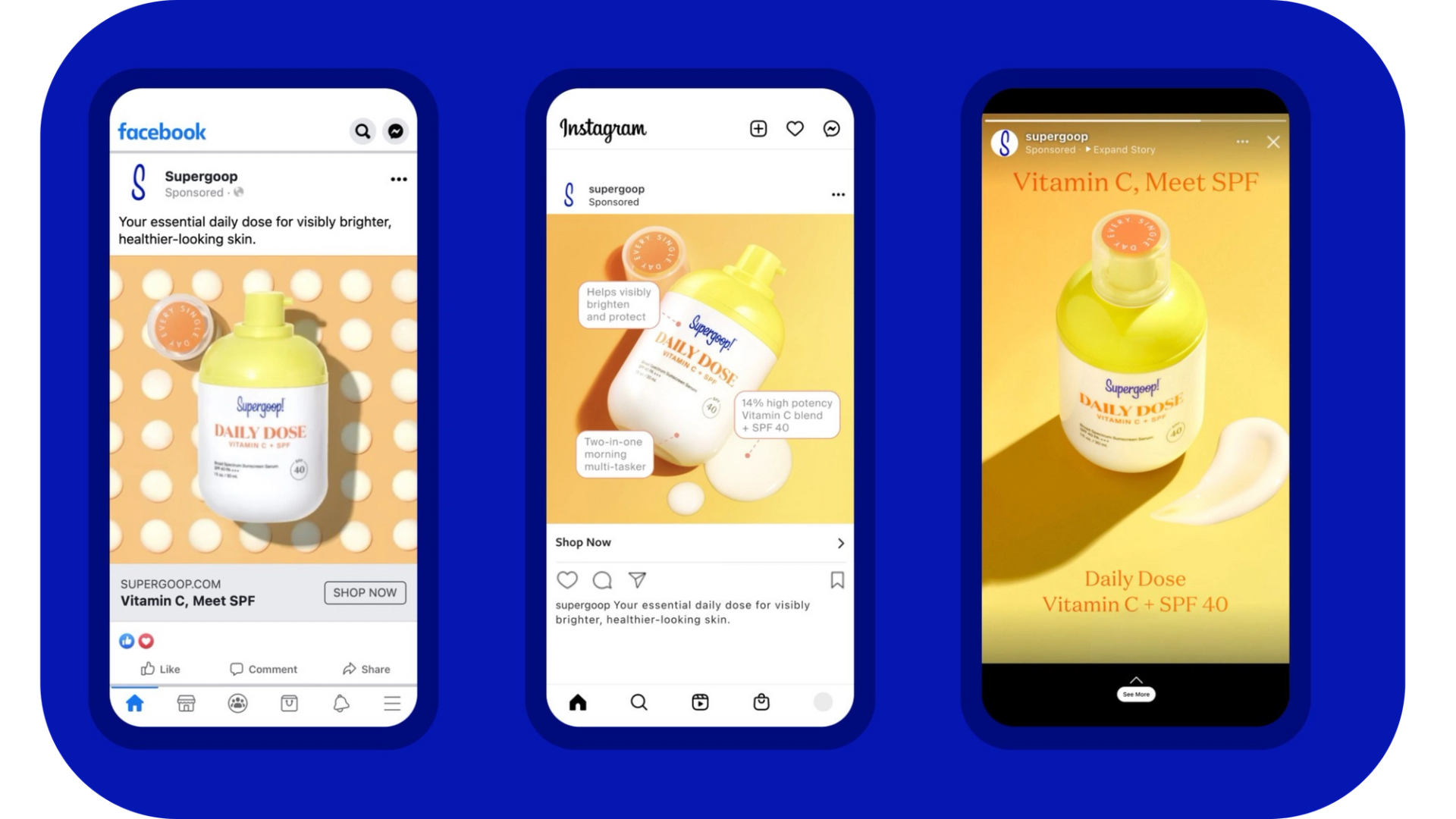 A Facebook advertisement showcasing Supergoop's Daily Dose Vitamin C SPF 40 product, a skincare item promoted by digital strategy agency AKDM.