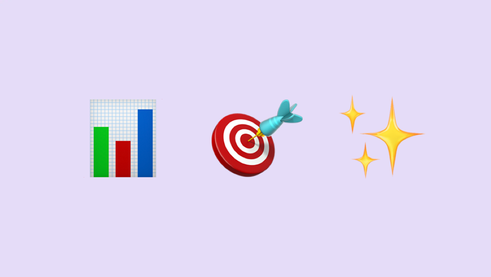 A bar graph, a dart, and a star emojis on a purple background