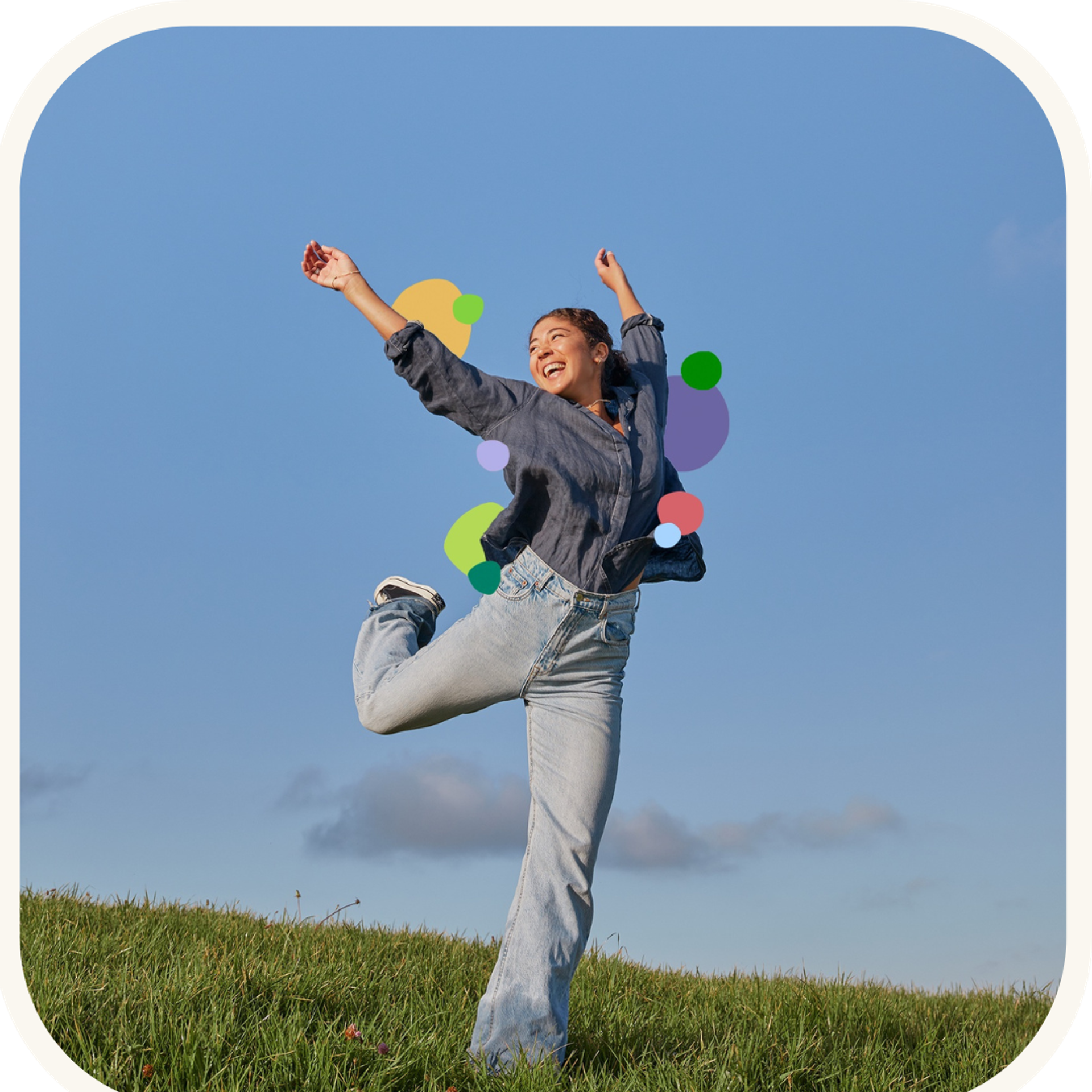 A joyful woman jumping in the air, symbolizing the energy and vitality promoted by BePure's health supplements
