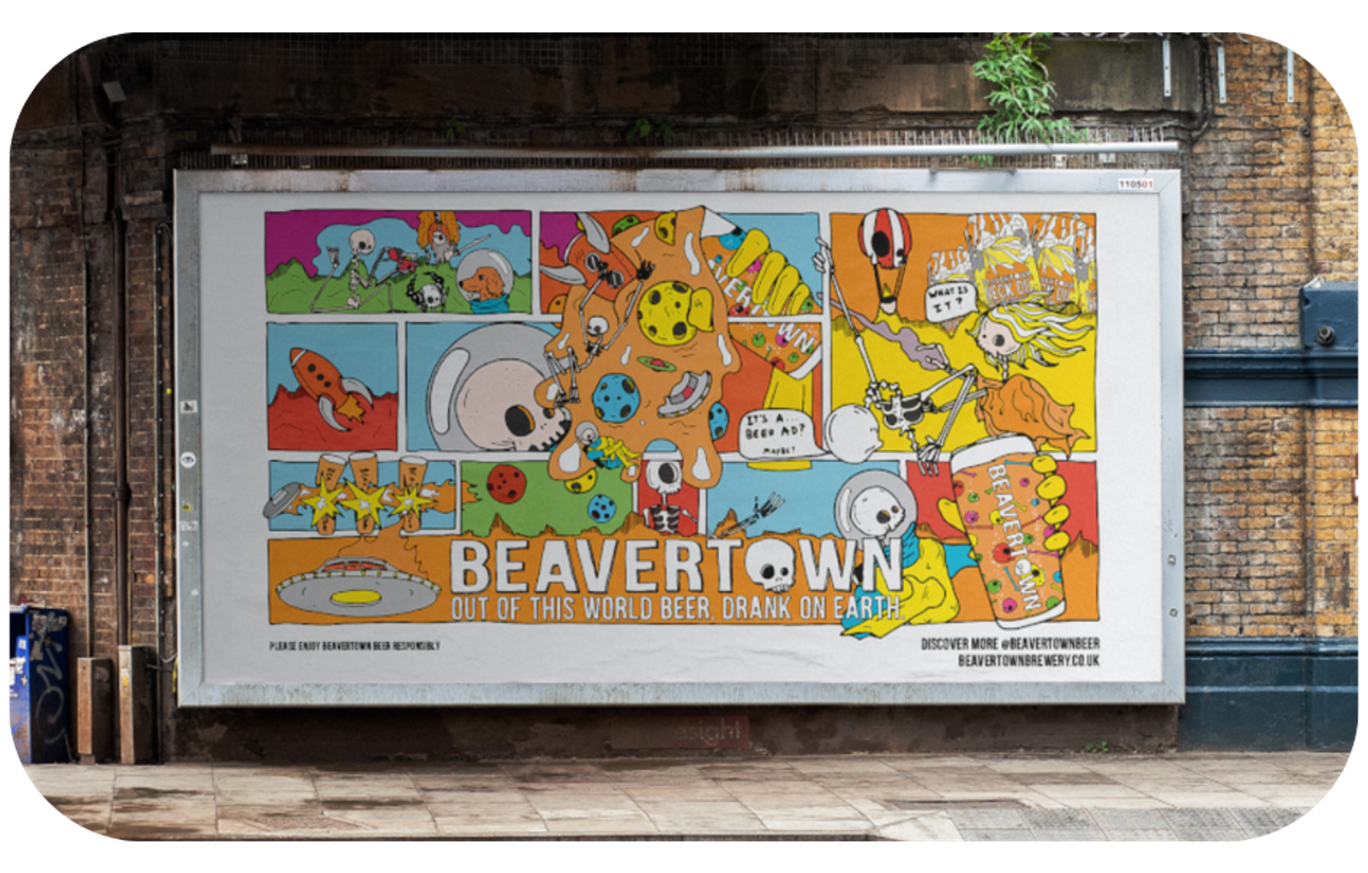 A colorful billboard advertising Beavertown Beer, mounted on a brick wall, suggesting urban setting and targeting beer enthusiasts.