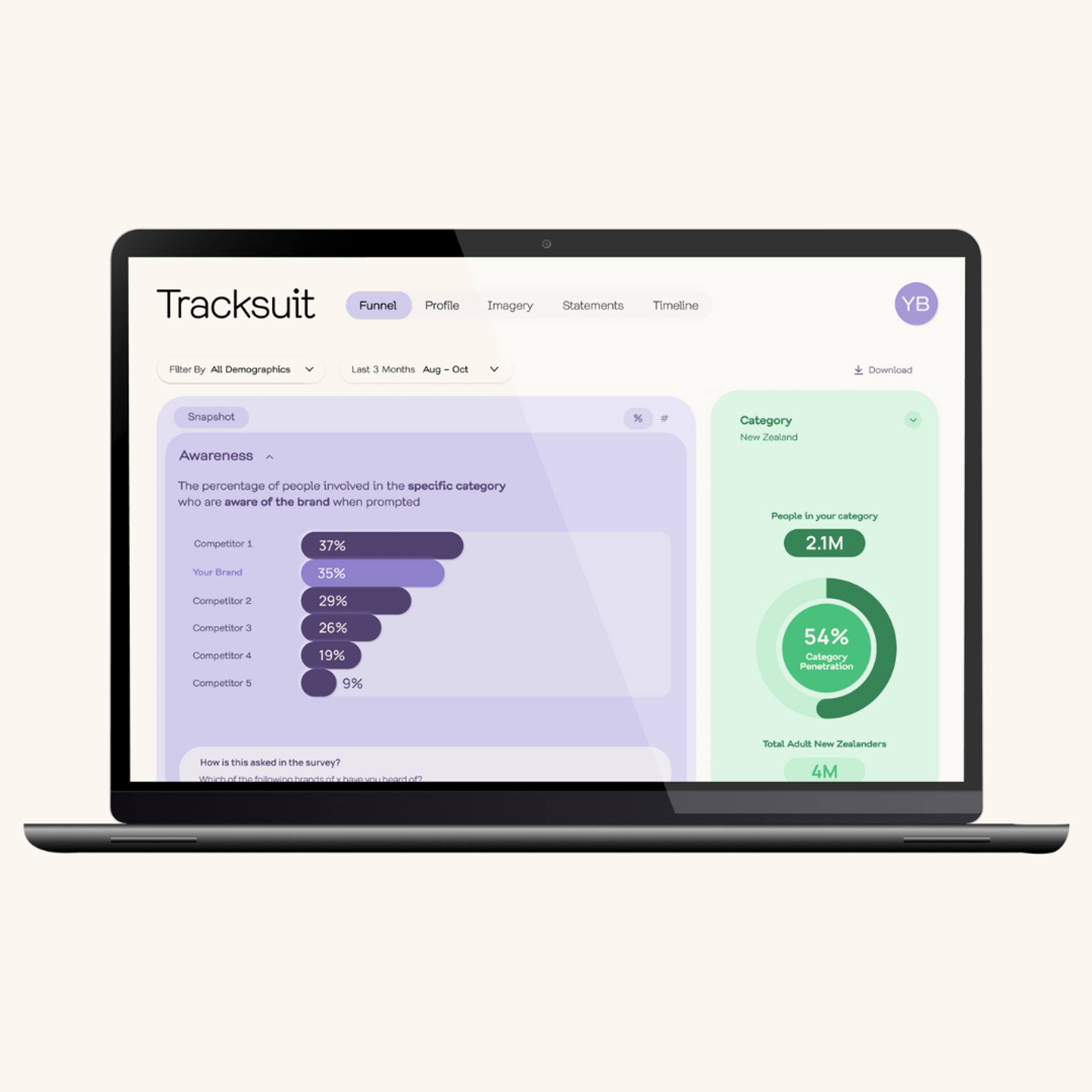 An open laptop displaying a webpage with the word 'Tracksuit', symbolizing the brand tracking tool used for monitoring brand performance and growth potential