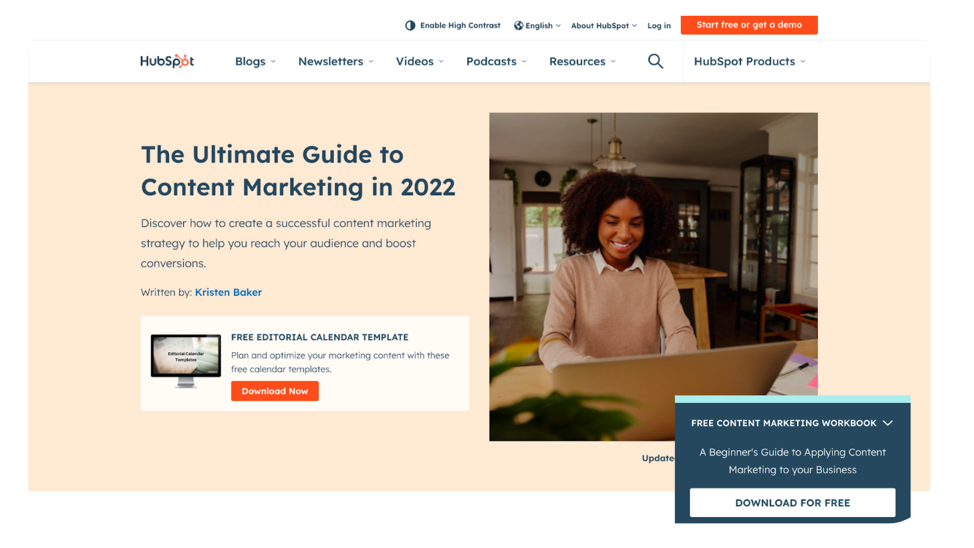 An image of the cover for 'The Ultimate Guide to Content Marketing in 2022', a comprehensive guide written by Kristen Baker, providing valuable insights and strategies for effective content marketing in the year 2022.