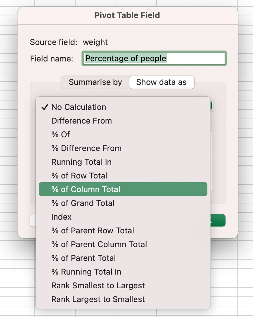 A screenshot of an Excel pivot table field selection process, used in the Tracksuit App for custom analysis of survey response data, specifically for determining the gender breakdown of active category participants.