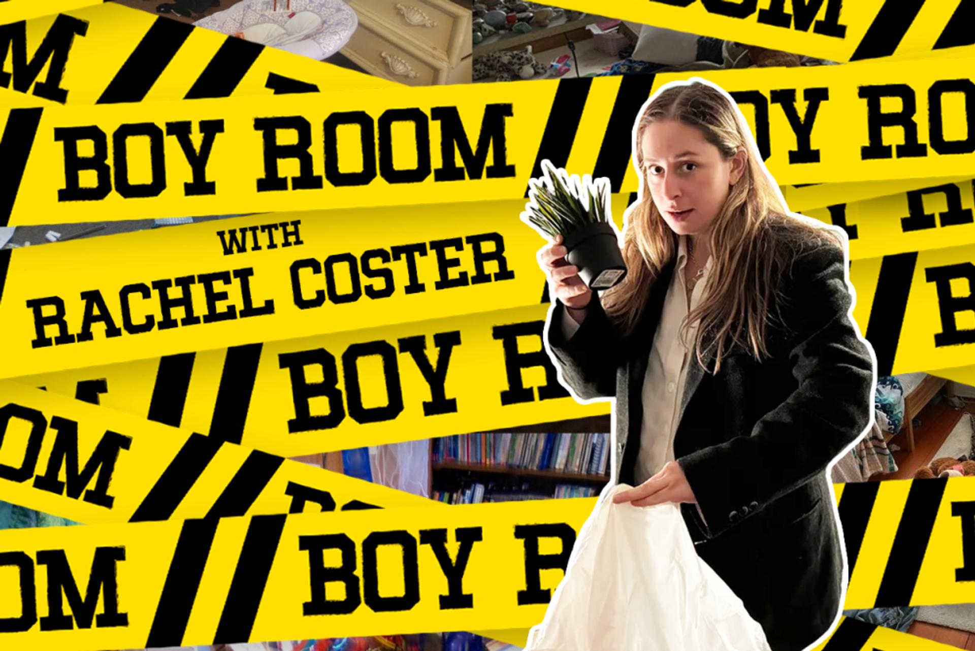 A professional woman in a suit standing in front of a yellow tape with the text 'boy room', representing the collaboration between the Boy Room show and Amazon Prime for room makeovers.
