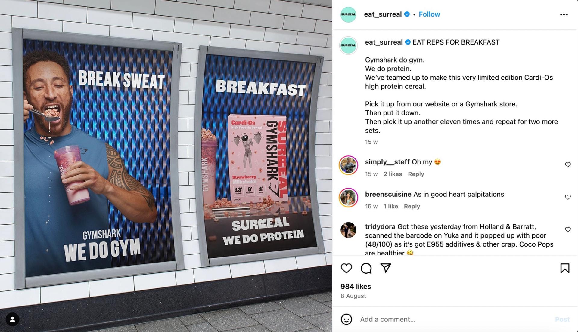 Two promotional posters for the Gymshark and Surreal partnership displayed in the London tube, alongside a screenshot of a social media chat discussing the same campaign. The posters are part of a marketing campaign for Surreal's high-protein, low-sugar cereal, targeting fitness enthusiasts.