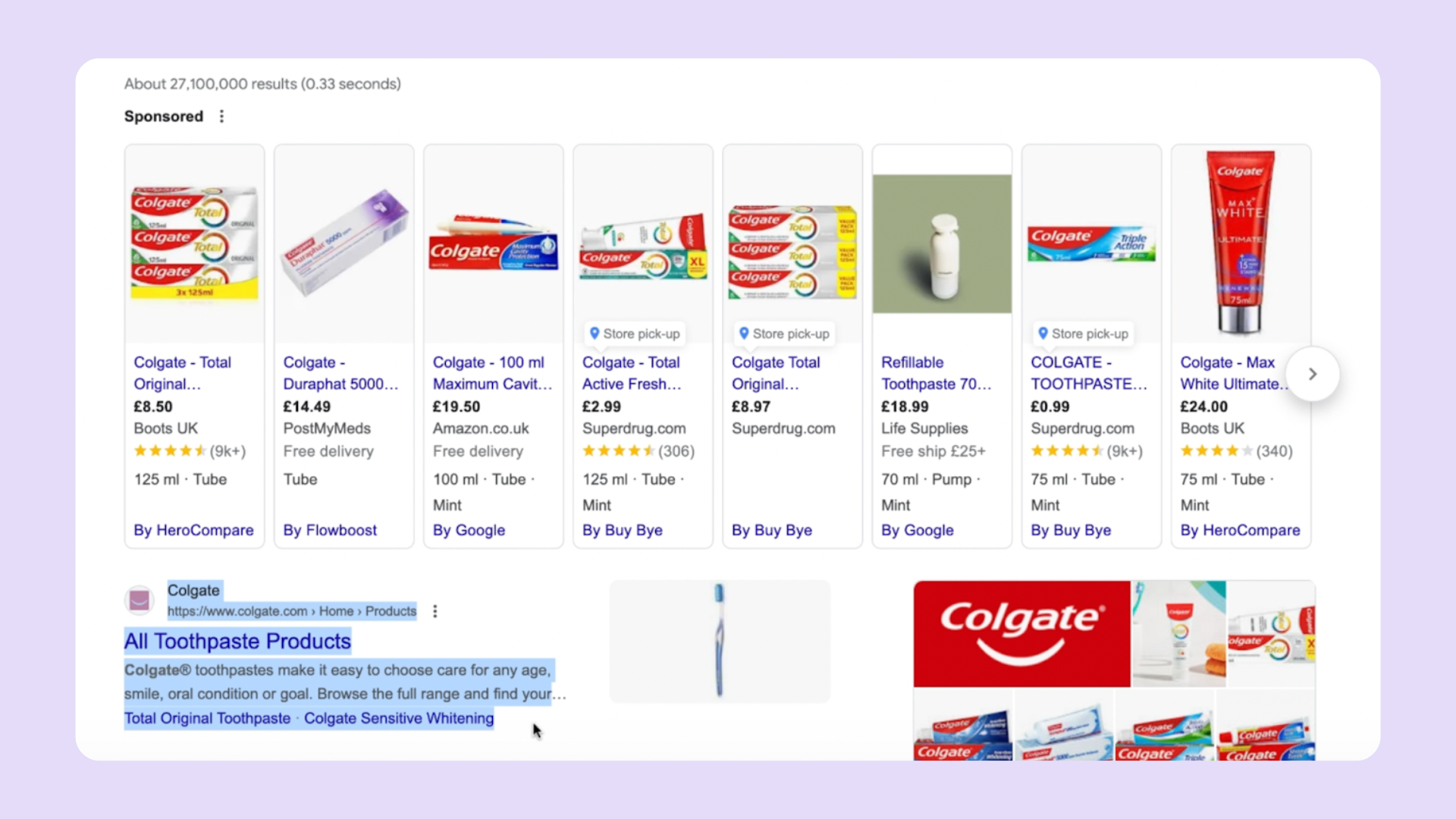 Screenshot of a Google search result page displaying various Colgate toothpaste products