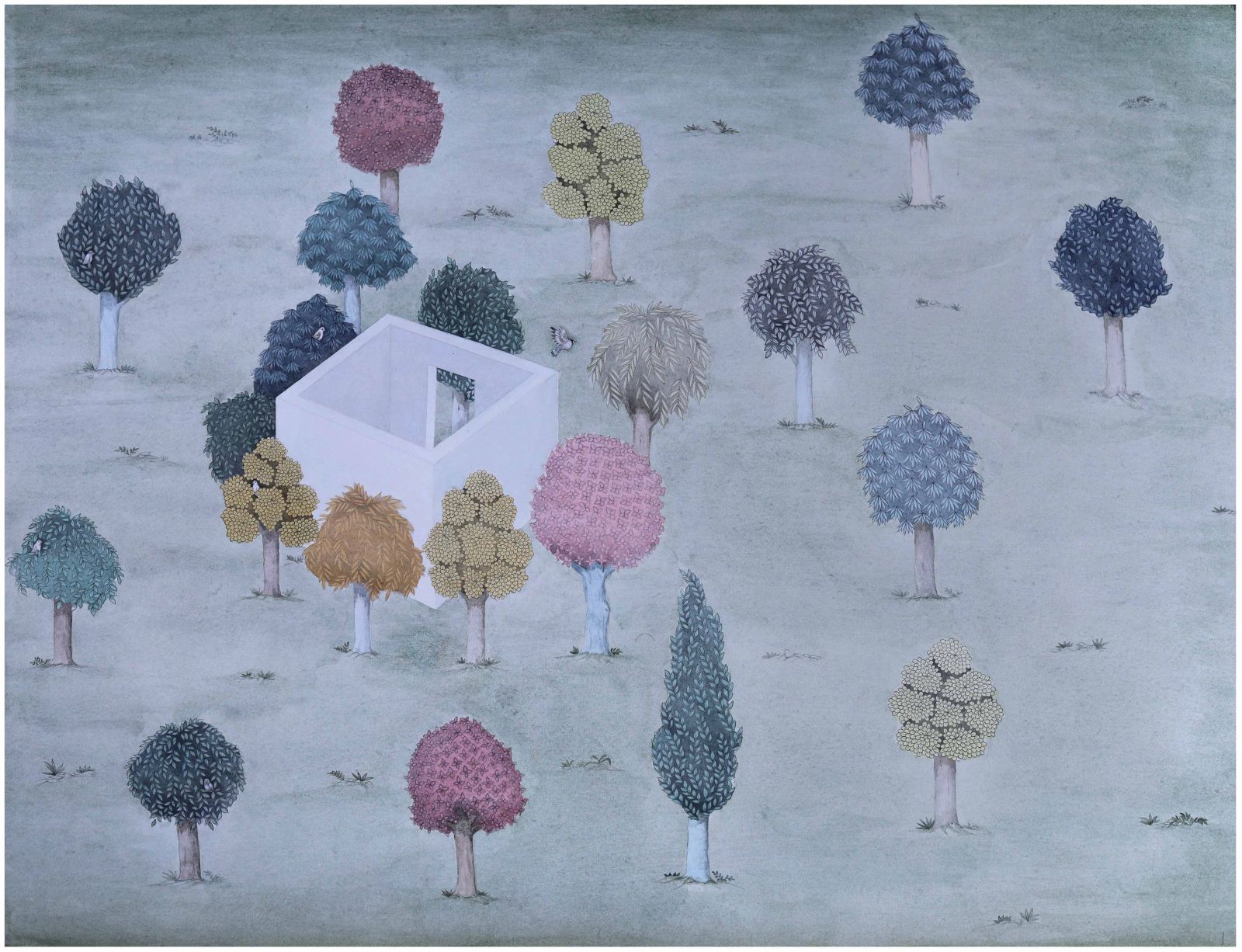 GARDEN OF SOLITUDE, Medium; Graphite and watercolor on wasli, Size; 21inches height, 27inches width, Year; 2021, Artist; Shahid Hassan Boni copy