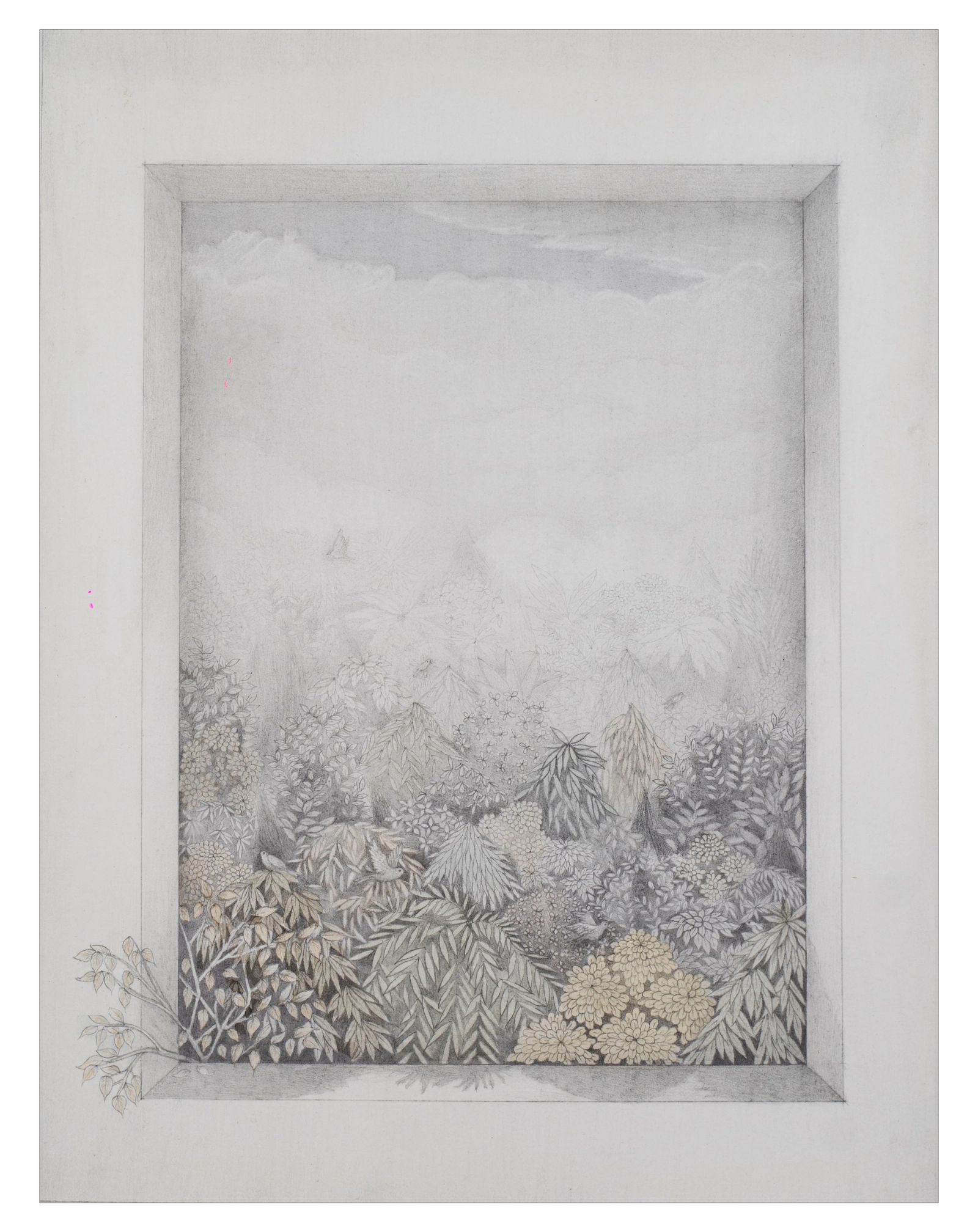 WINDOW TO EXCIETMENT, Medium, Graphite and watercolor on Wasli, Size; 10 inches height, 8 inches width, Year; 2021, Artist; Shahid Hassan Boni