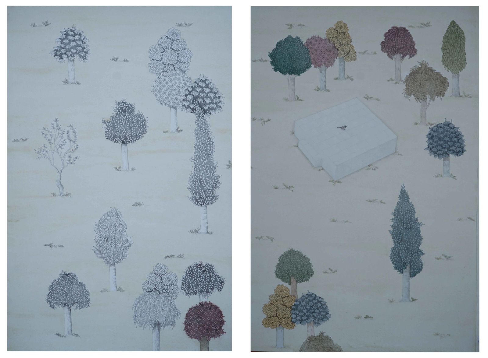 PARALLEL WORLDS, Medium; Graphite and watercolor on wasli, Size; 20 inches height, 30 inches width overall,(diptych) Year; 2022, Artist; Shahid Hassan Boni copy