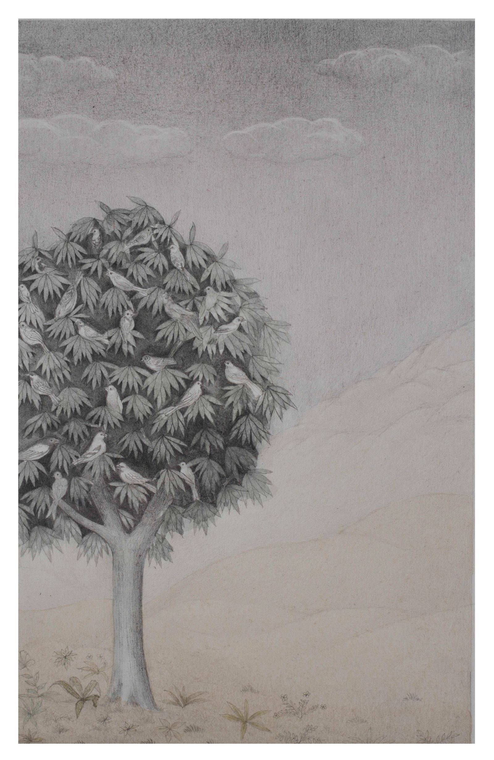 LONELY BIRDS, Medium; Graphite and watercolor on wasli, Size; 10 inches height, 8 inches width, Year; 2021, Artist; Shahid Hassan Boni copy