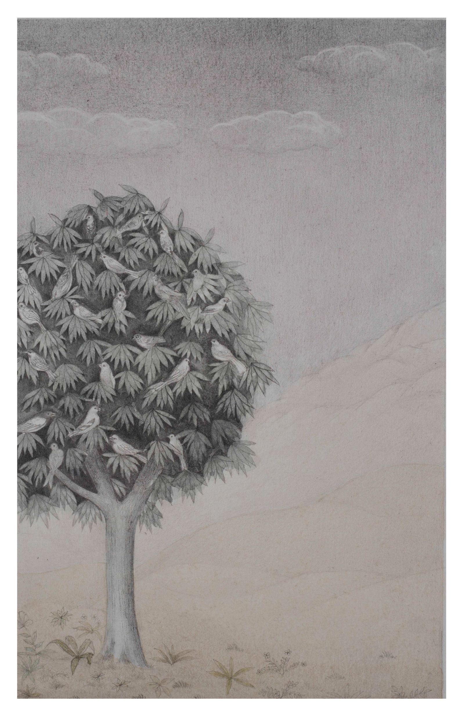 LONELY BIRDS, Medium; Graphite and watercolor on wasli, Size; 10 inches height, 8 inches width, Year; 2021, Artist; Shahid Hassan Boni copy