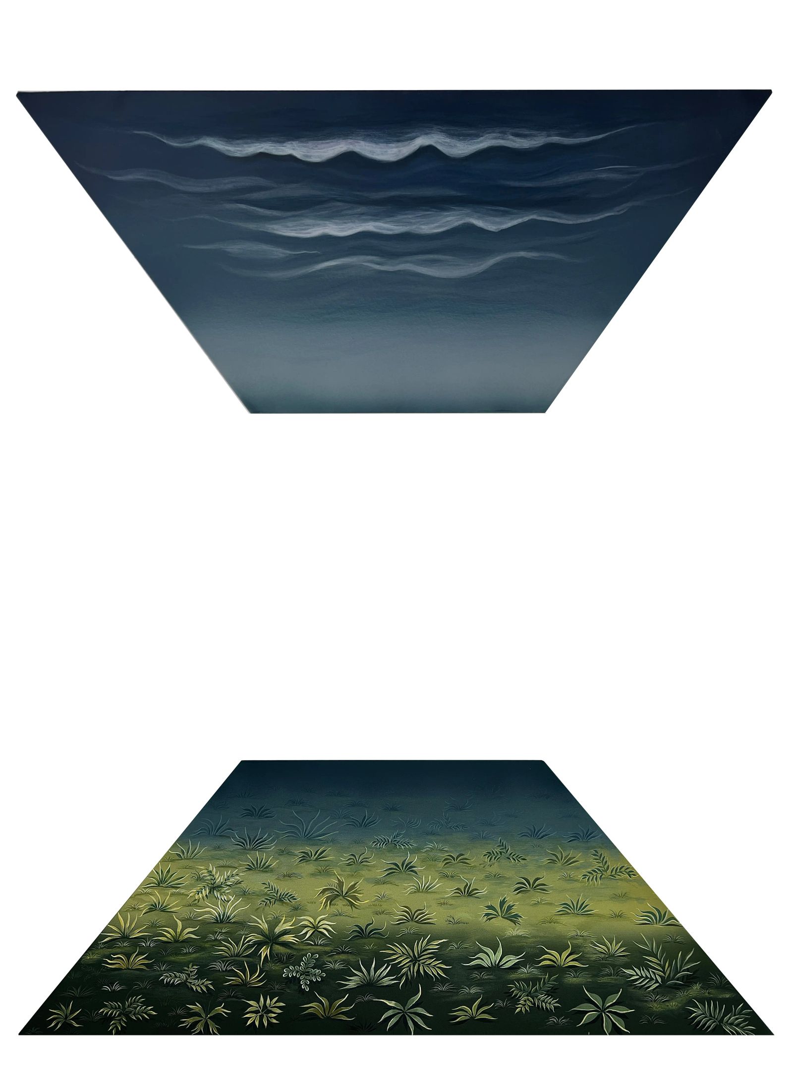 BETWEEN SKY AND EARTH (diptych), Medium; Acrylics on canvus, Size; 16 inches height, 44 inches width, Artist; Shahid Hassan Boni, Year; 2023