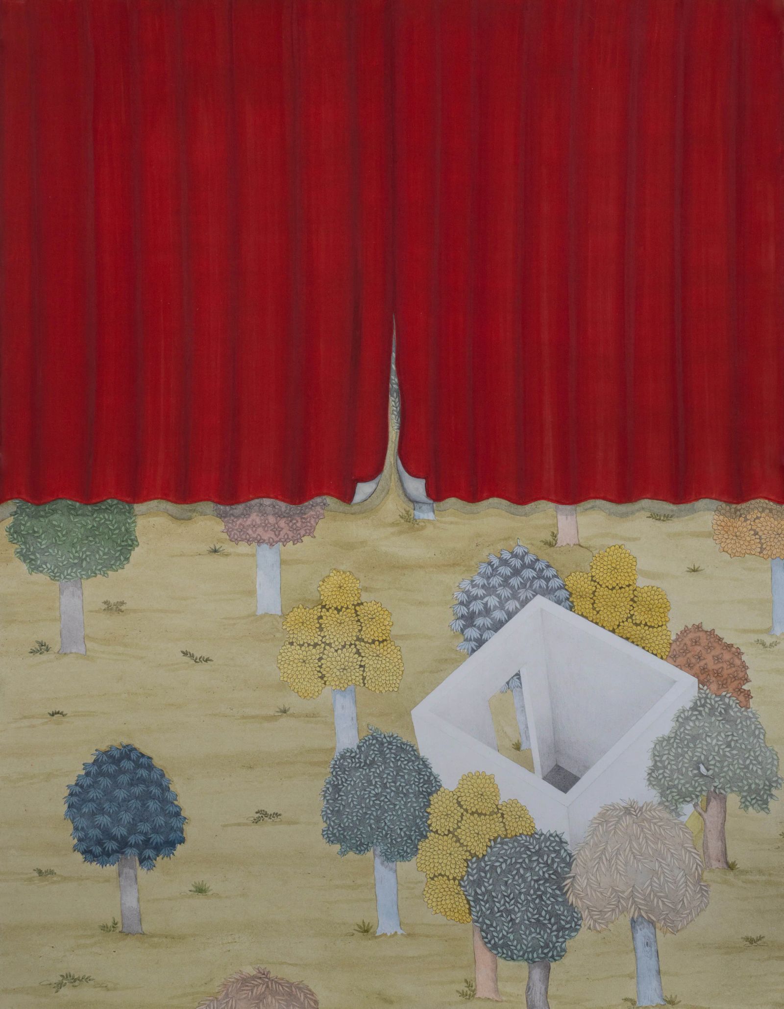 Staged, Medium; Gouache and Graphite on wasli Size; 30 inches by 20 inches,Year; 2022, Artist; Shahid Hassan Boni copy