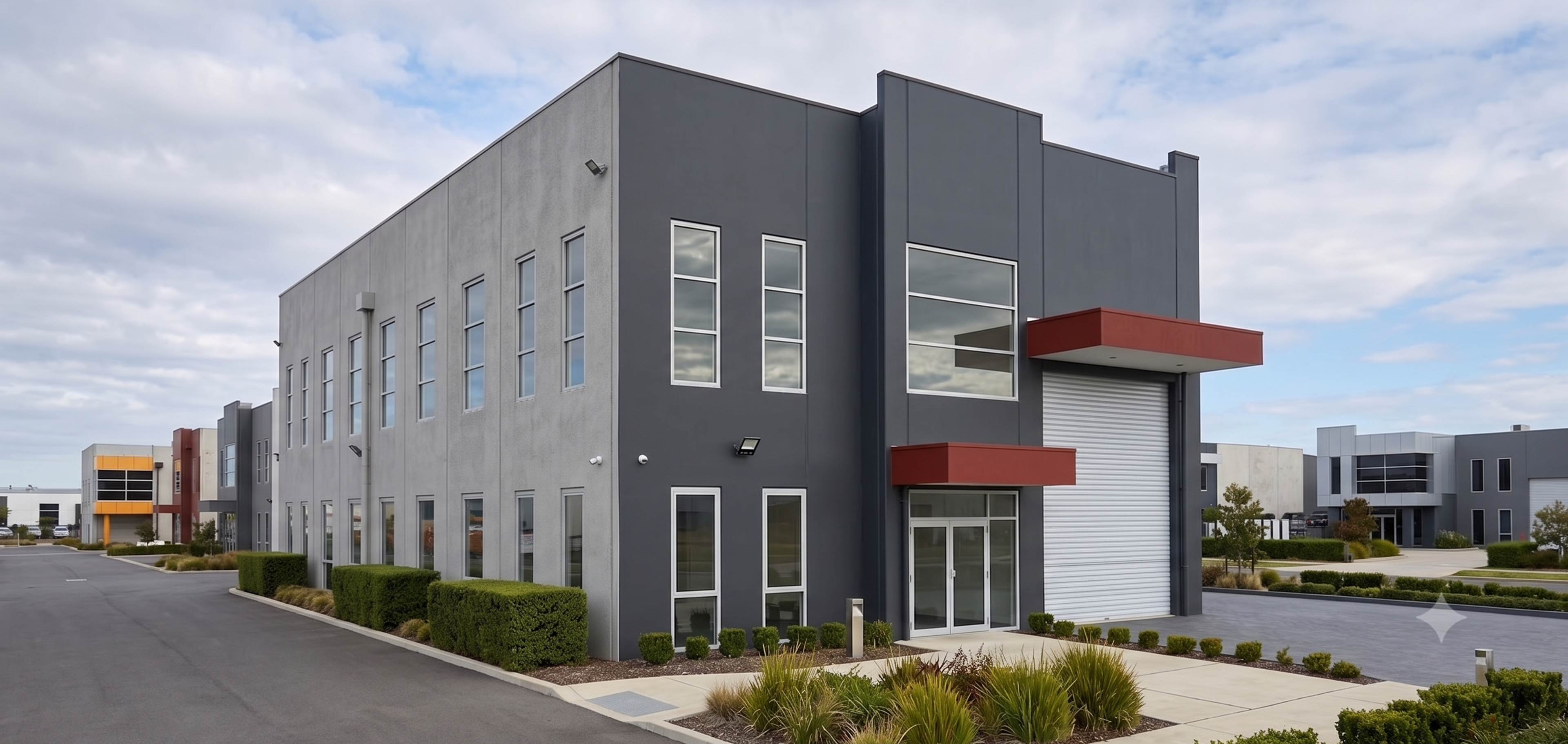 Two-tone gray commercial building with red accents, a large roller door, and a glass entrance.