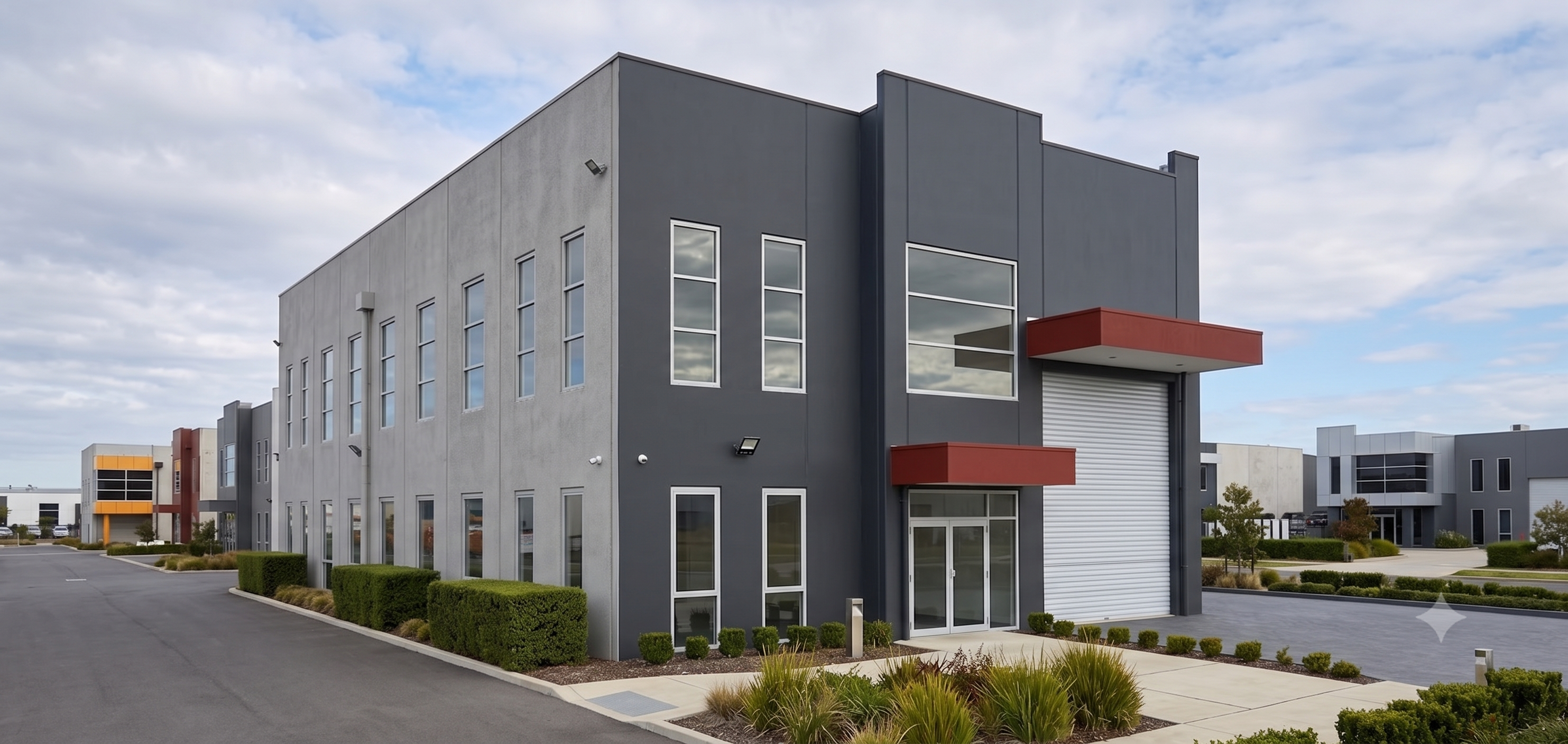 Two-tone gray commercial building with red accents, a large roller door, and a glass entrance.