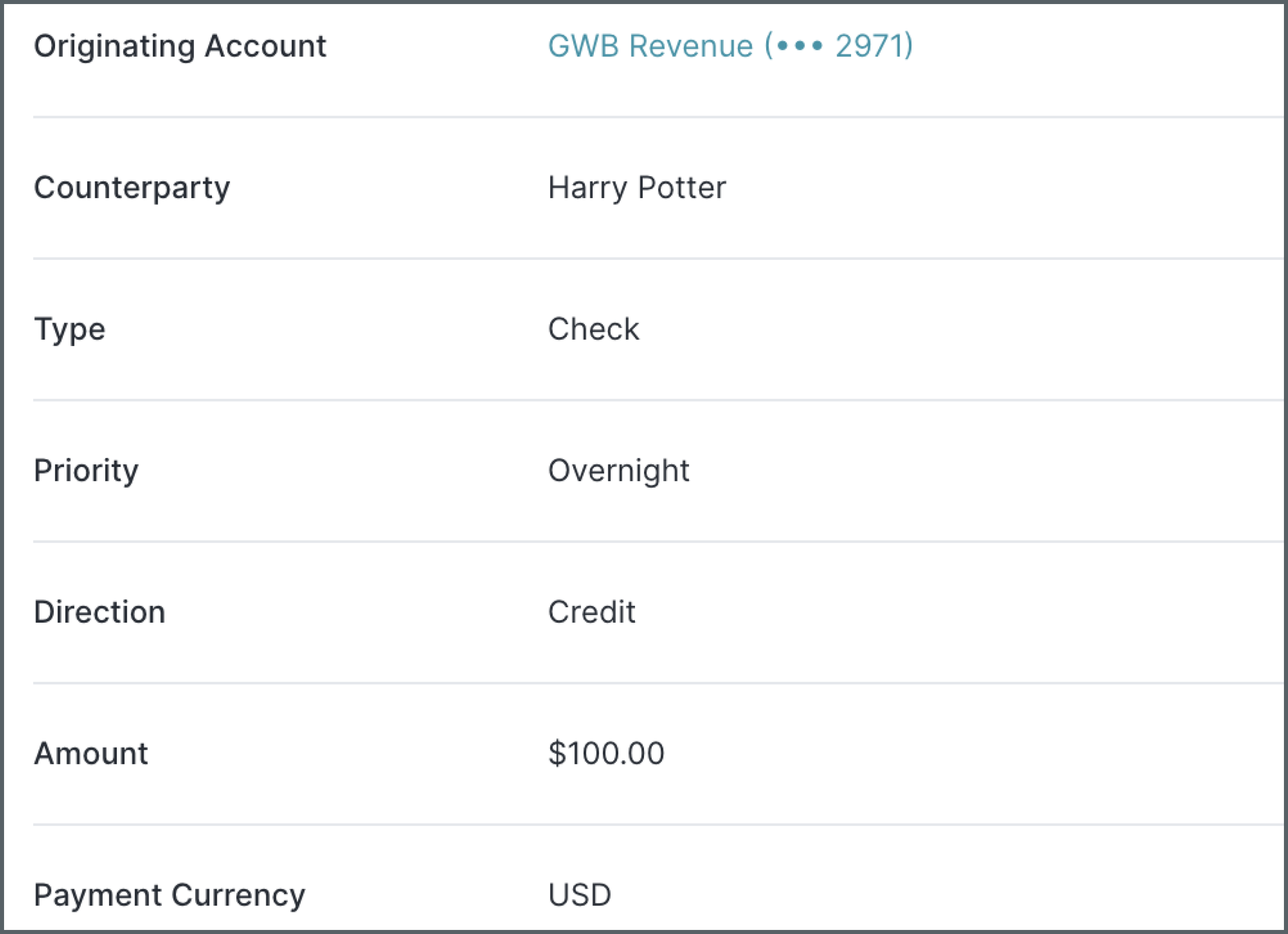 Simulated check payment order using the appropriate sandbox counterparty.