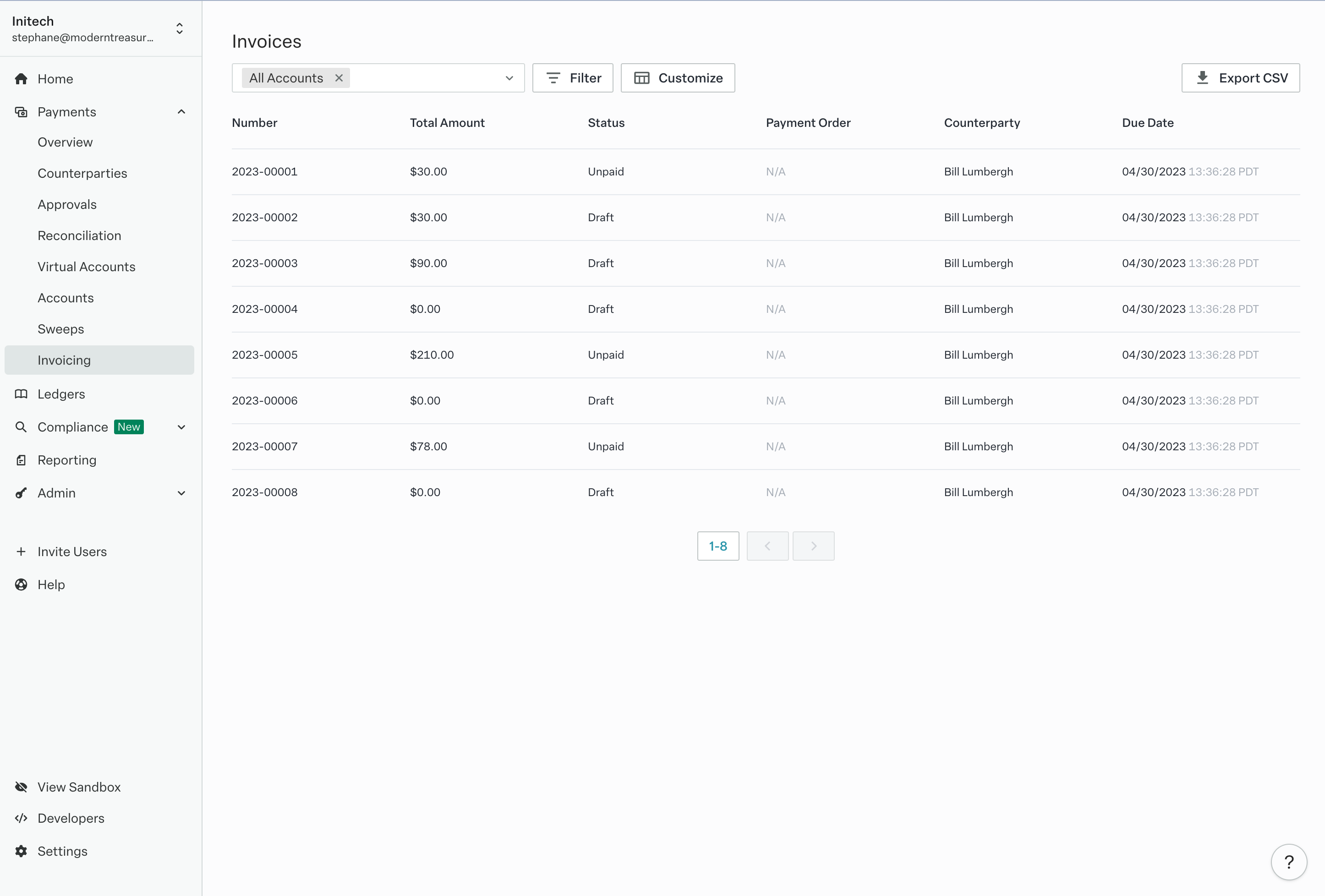 Invoices organized on the Modern Treasury dashboard. 