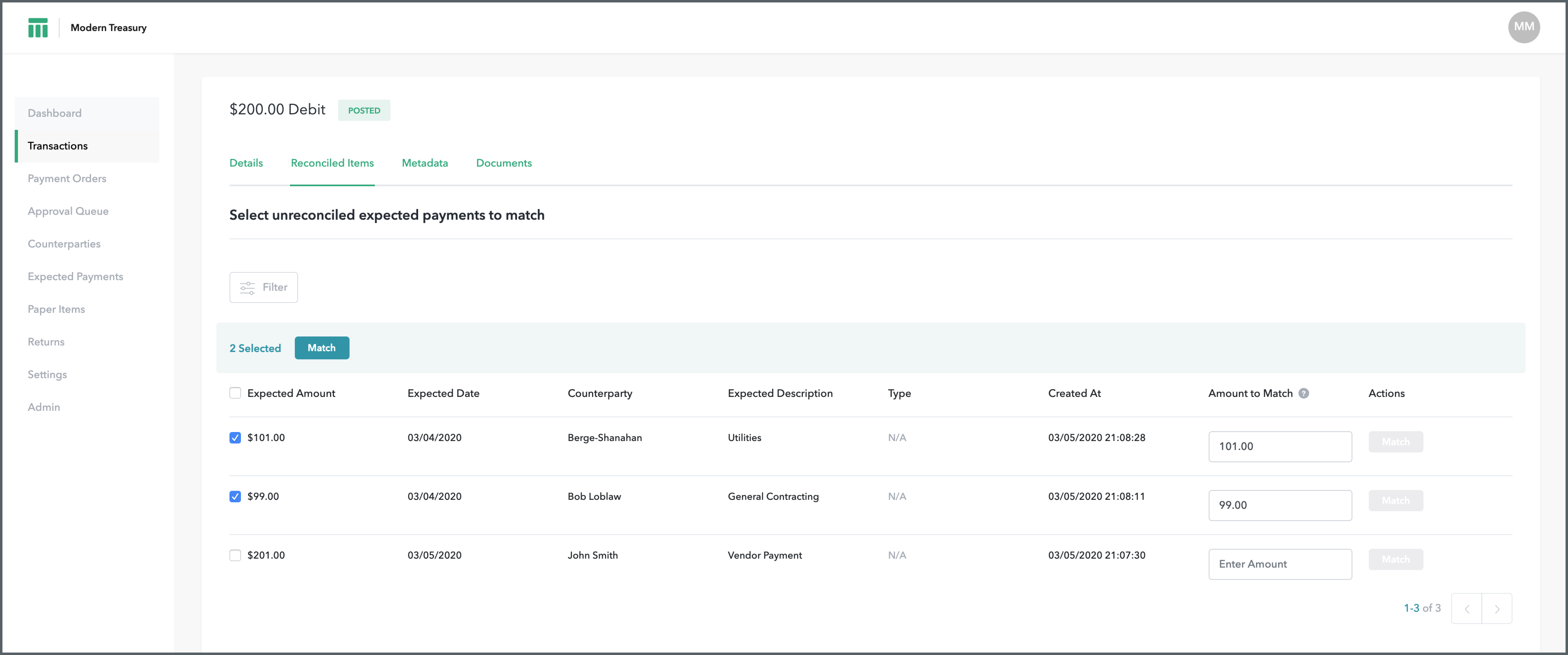 Screen: Select unreconciled payments to match