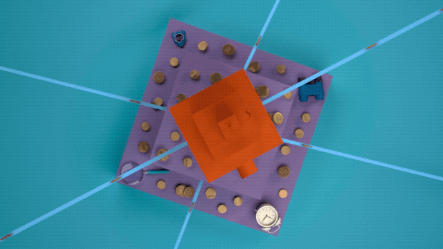 GIF of the brand video, showing coins flowing in and out of a building on a dais