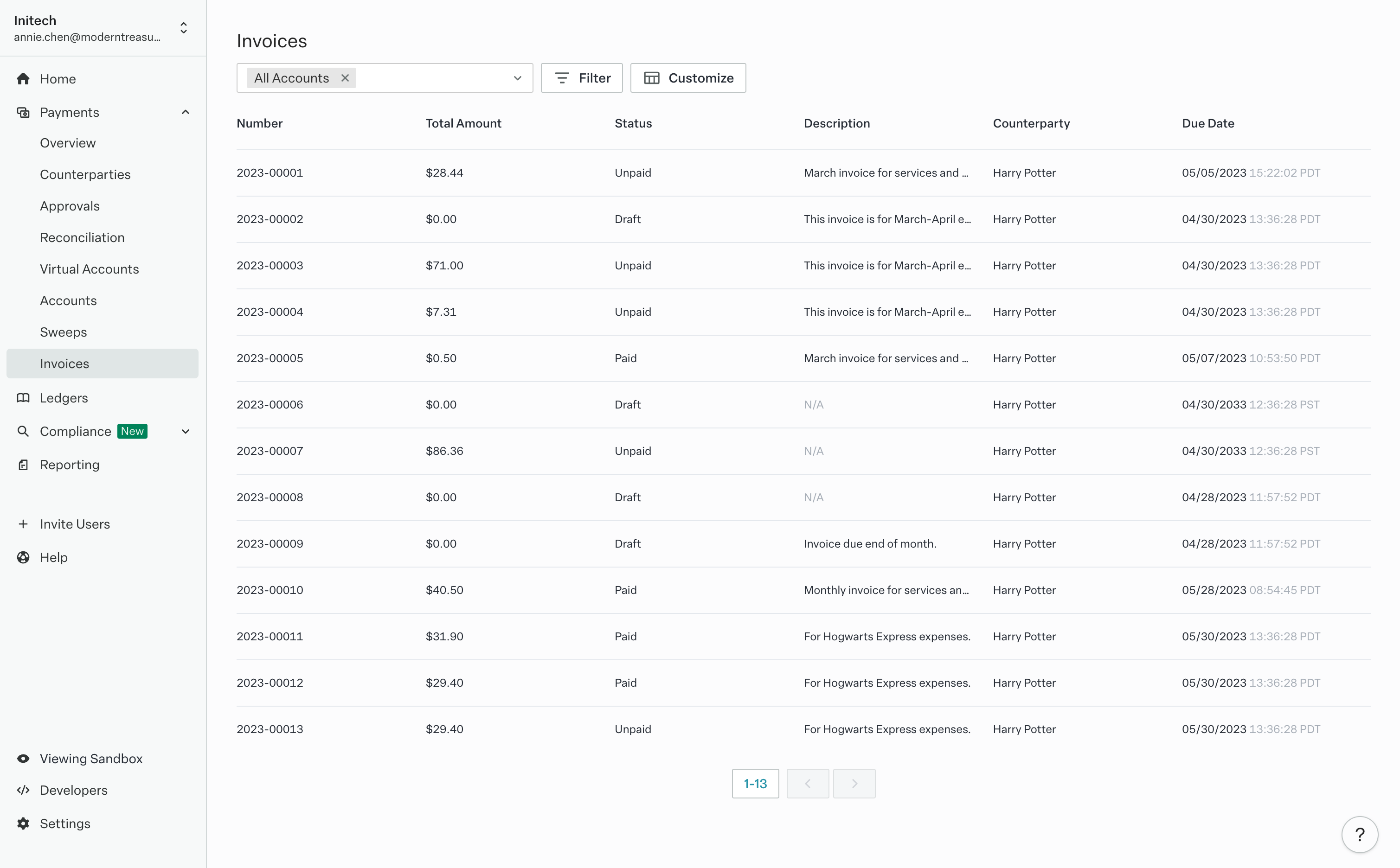 Invoices with various payment statuses on the Modern Treasury dashboard. 
