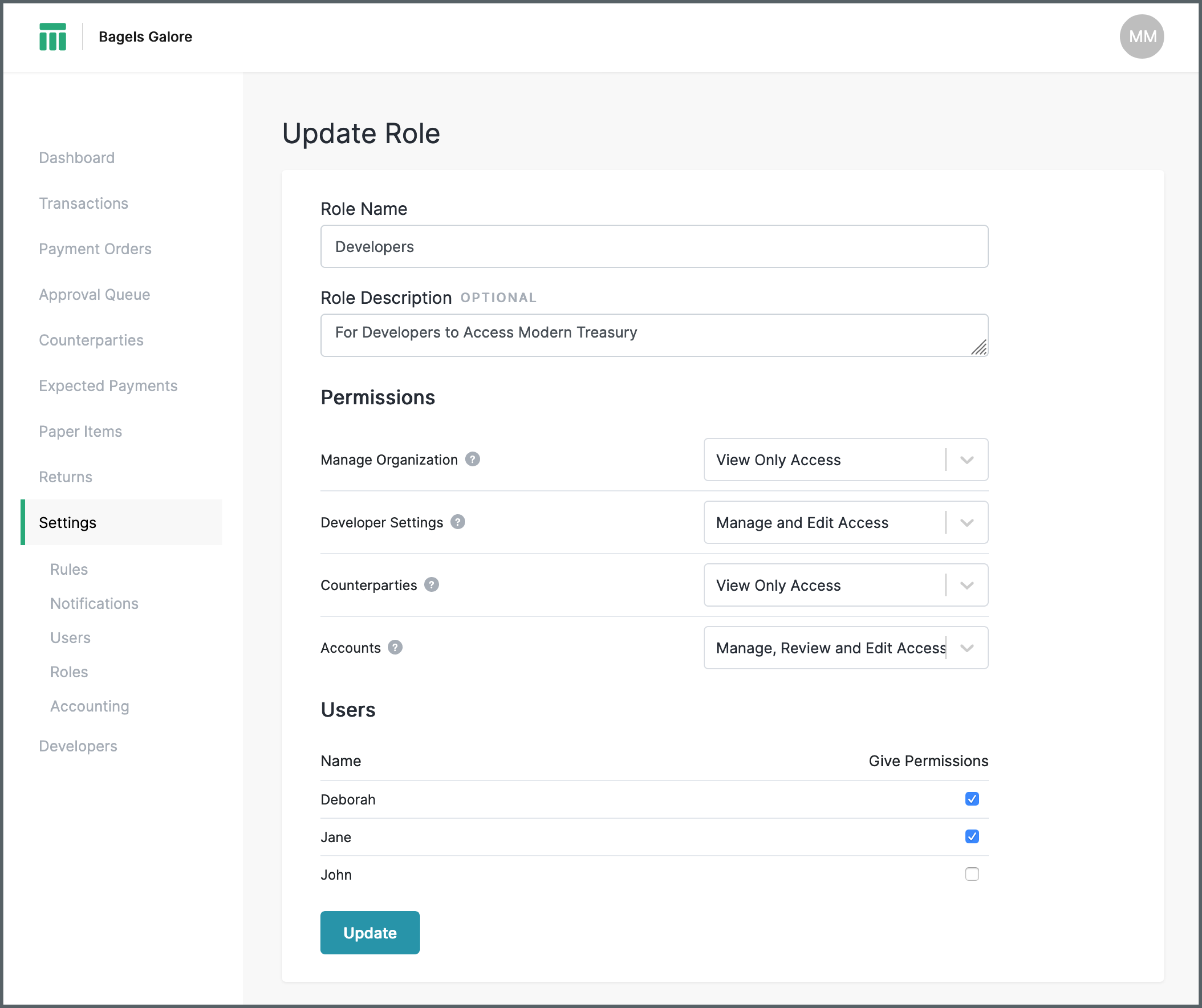 Web app screen: Update Role