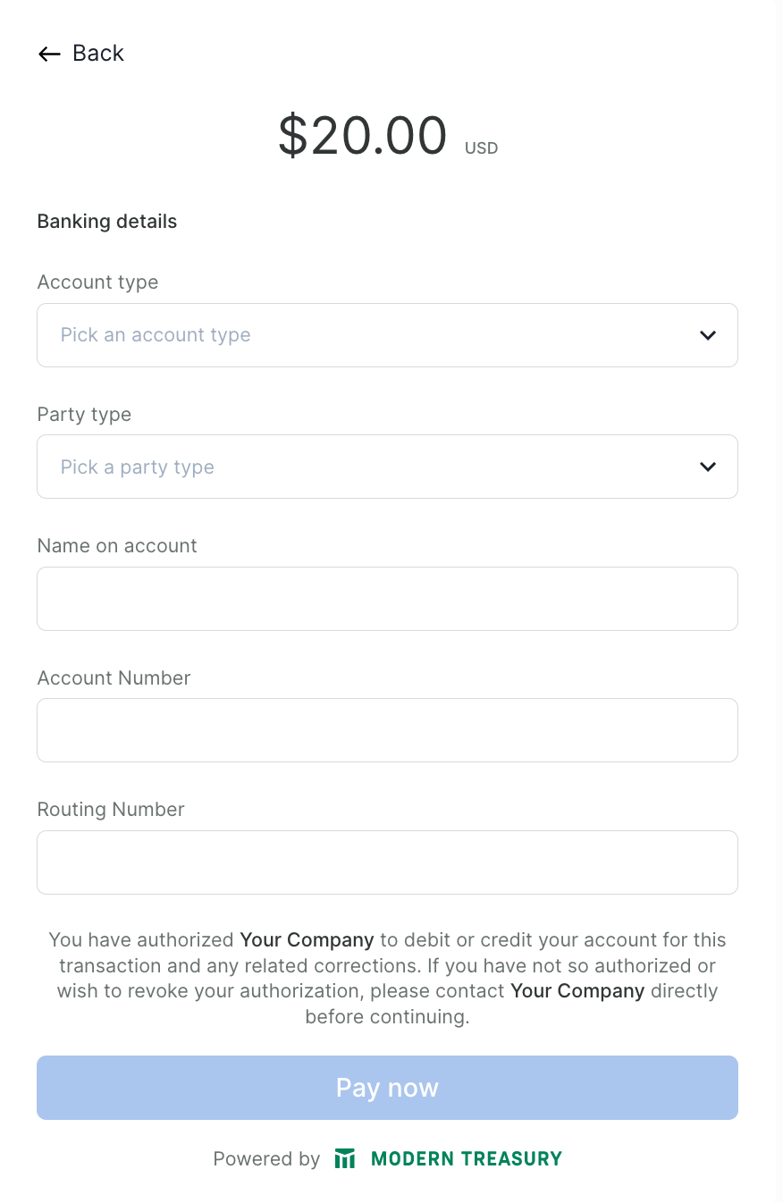 Payment workflow using pre-built UIs