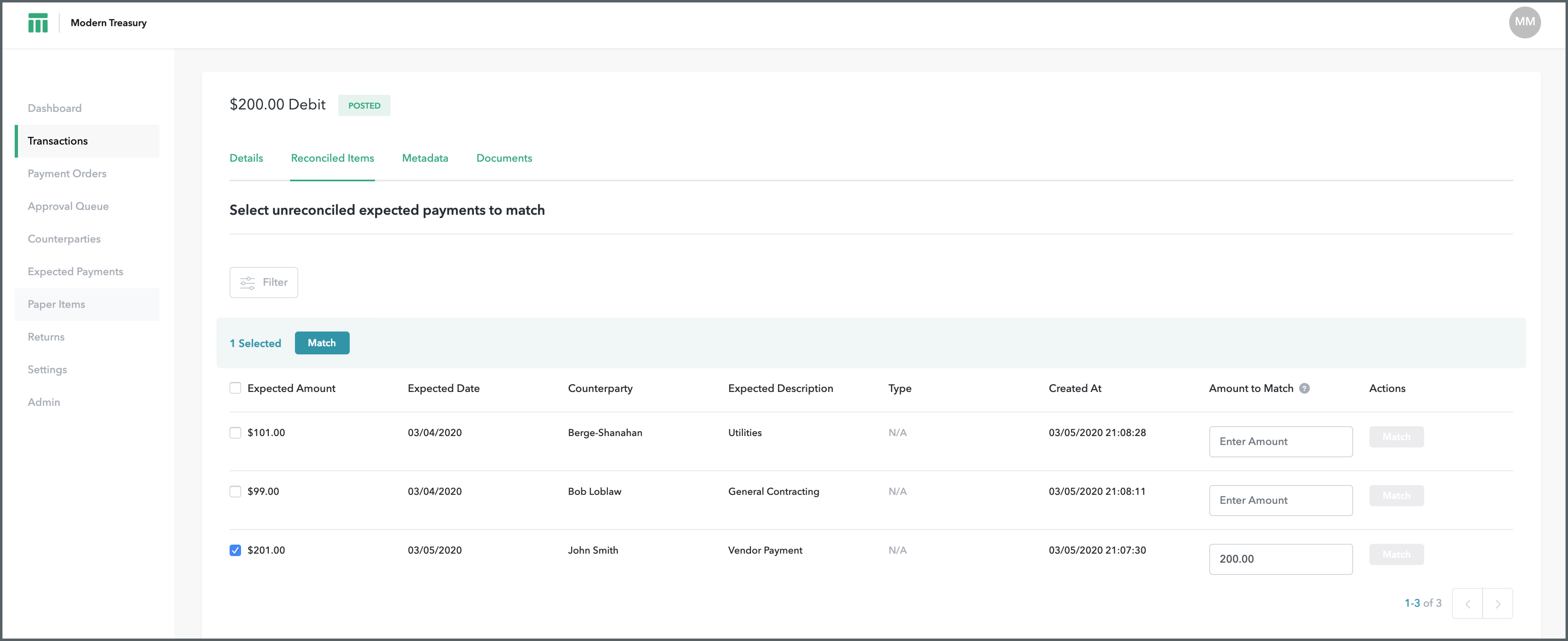 Screen: Select unreconciled payments to match (adjust amount)