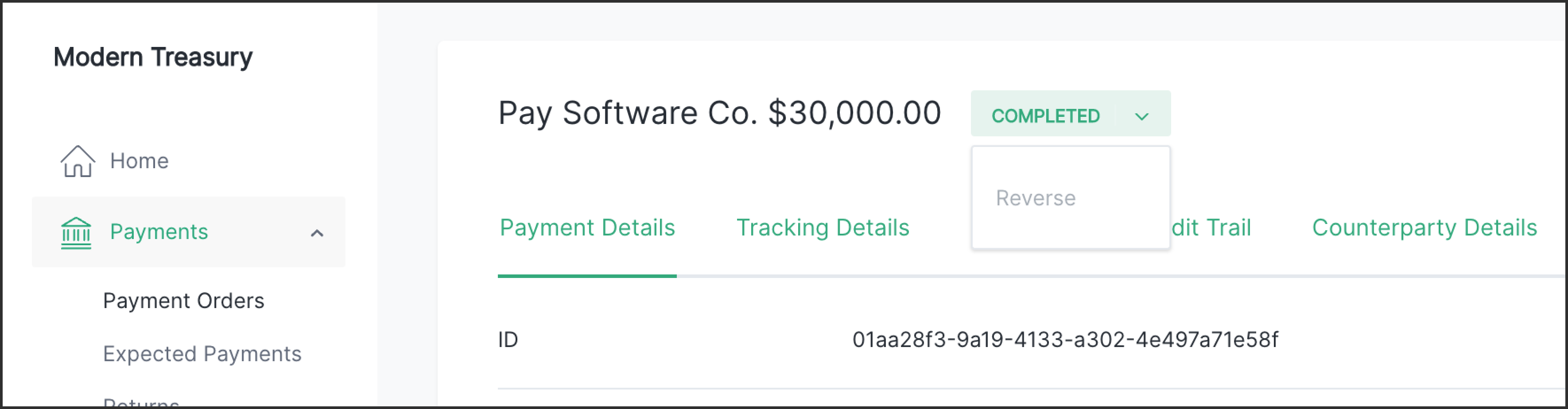 Modern Treasury dashboard UI with Reverse feature visible.