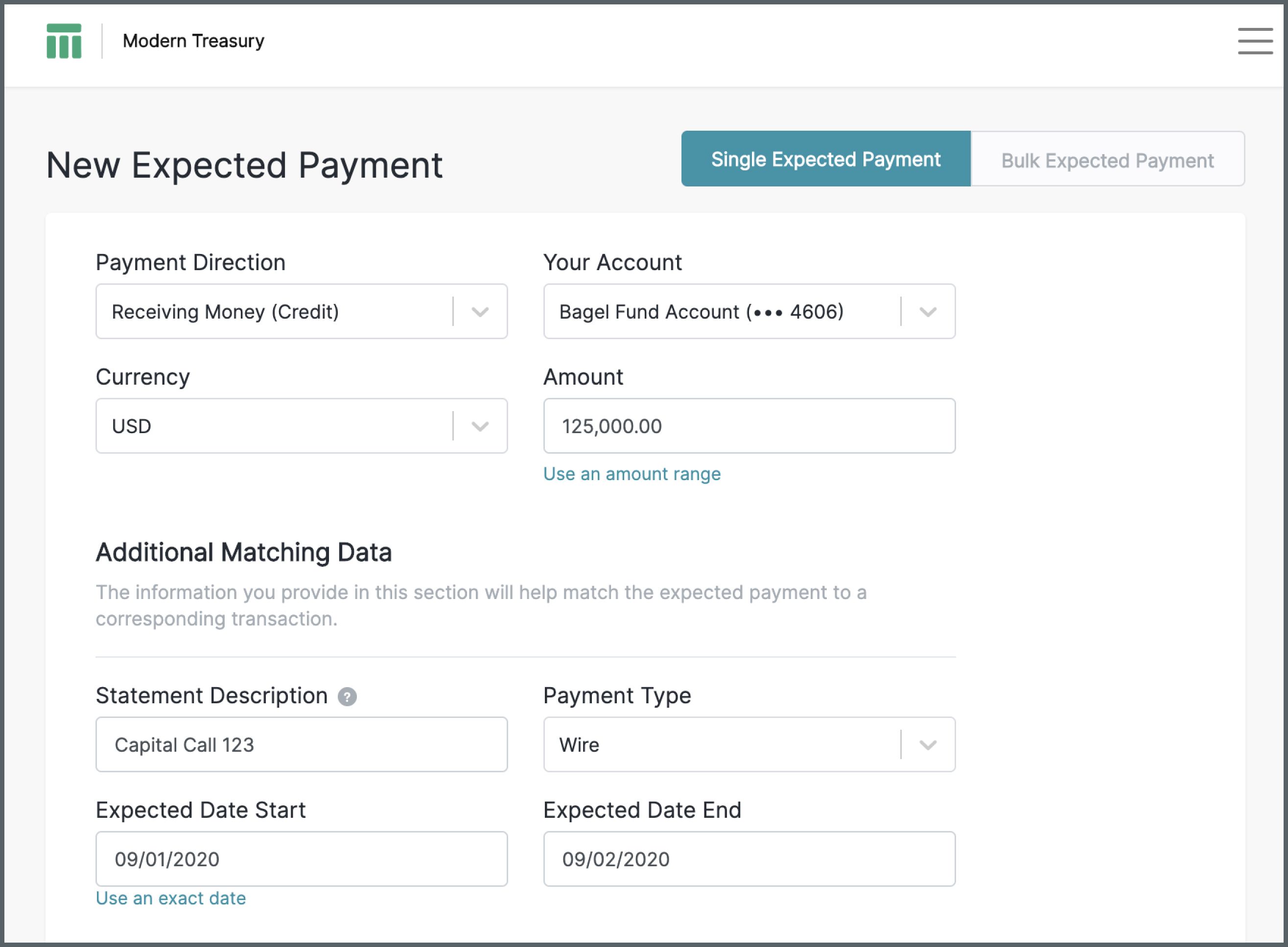 New Expected Payment in the Modern Treasury app.